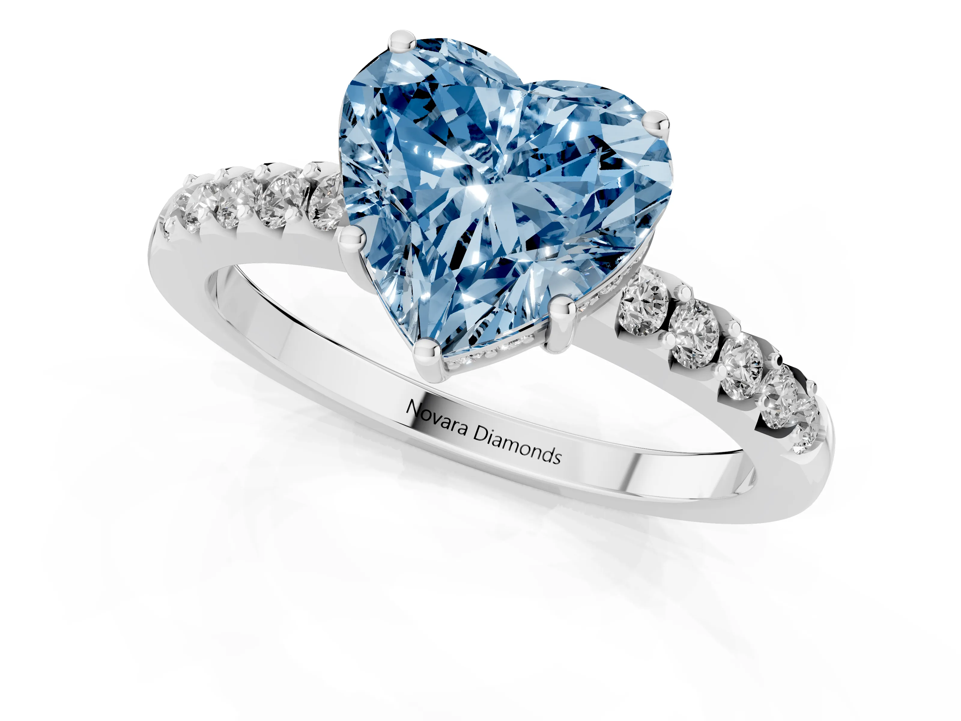 Fancy Blue Heart Cut Diamond Solitaire Engagement Ring Set in White gold with Pavé Band and Prong Setting