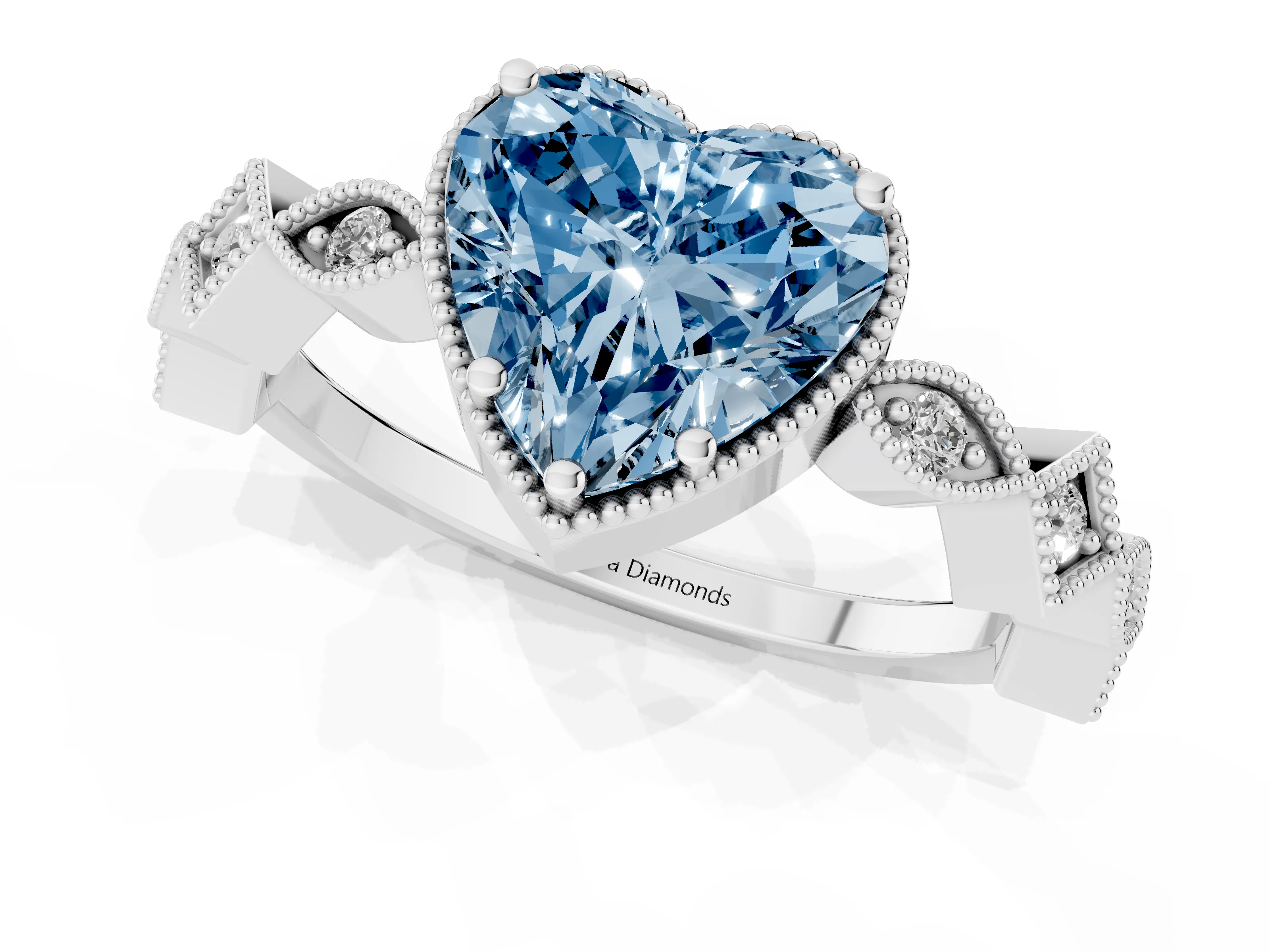 Fancy Blue Heart Cut Diamond Milgrain Marquise Twist Band Ring Set in White gold with Prong Setting