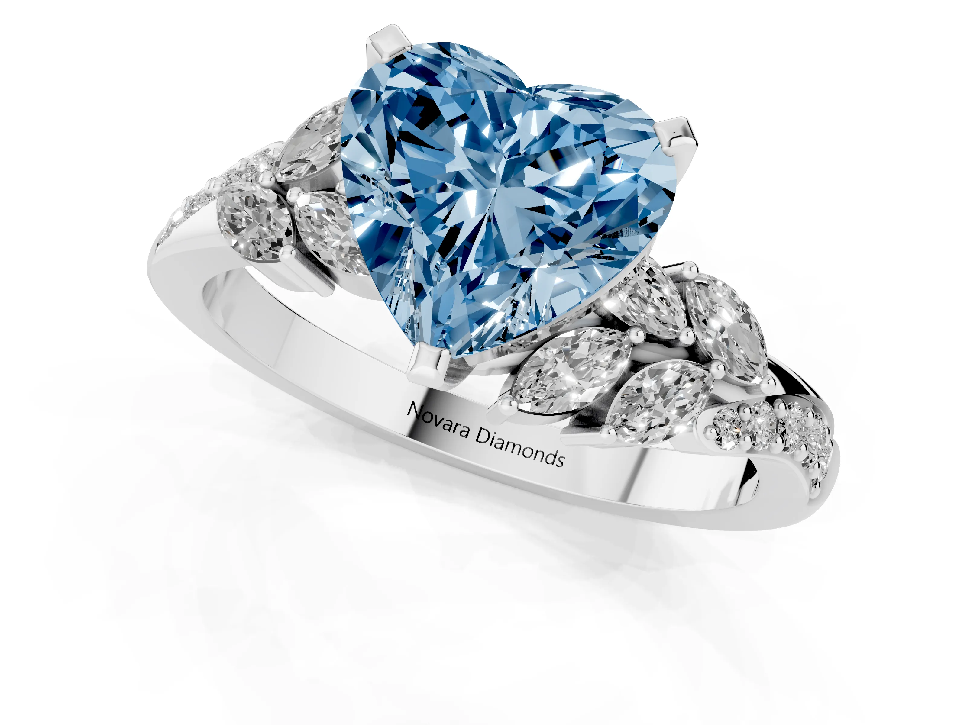 Fancy Blue Heart Cut Diamond Solitaire Ring Set in White gold with Marquise Twist Band and Prong Setting