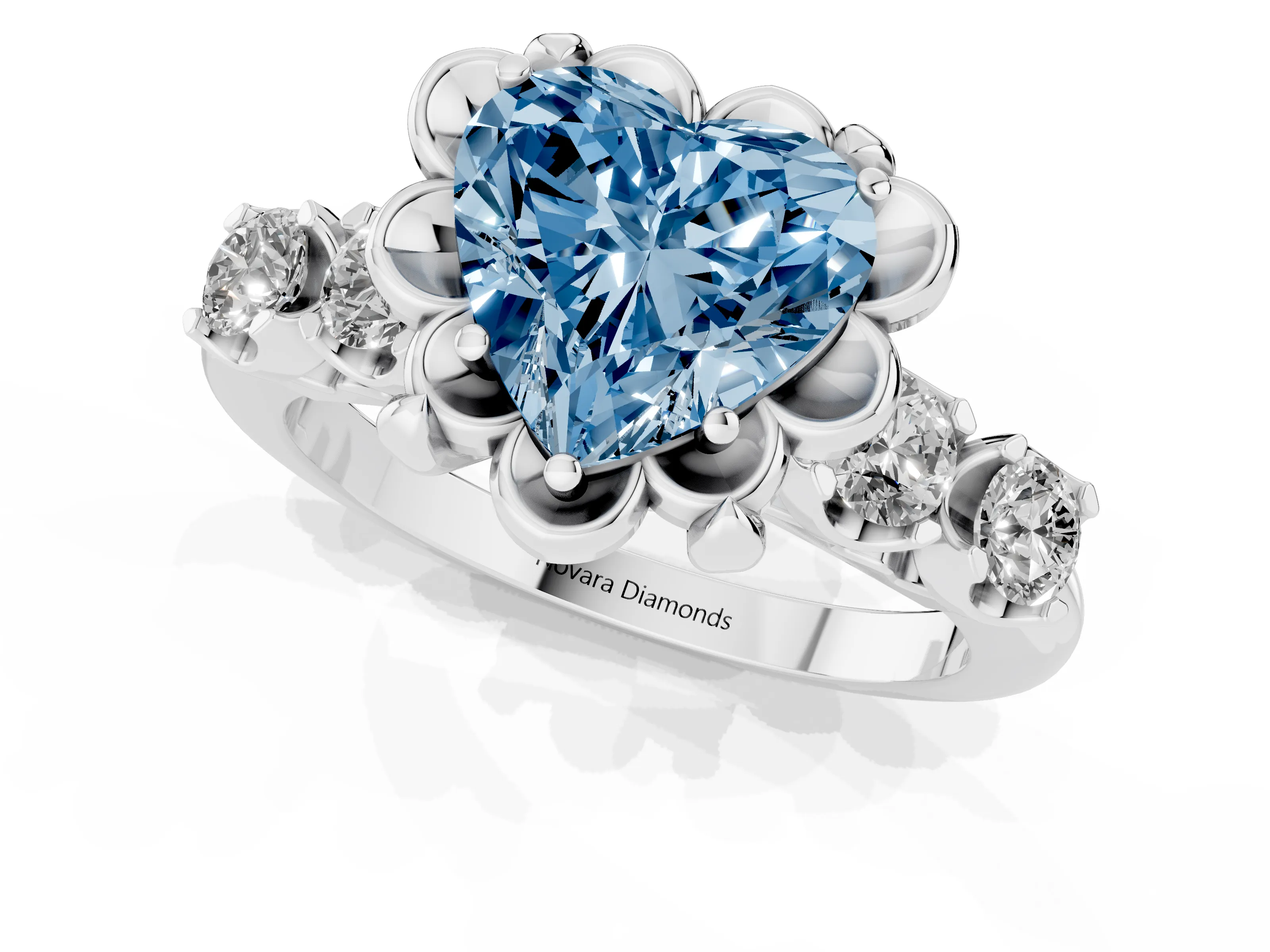 Fancy Blue Heart Cut Diamond Floral Halo Ring Set in White gold with Shared Prong Band