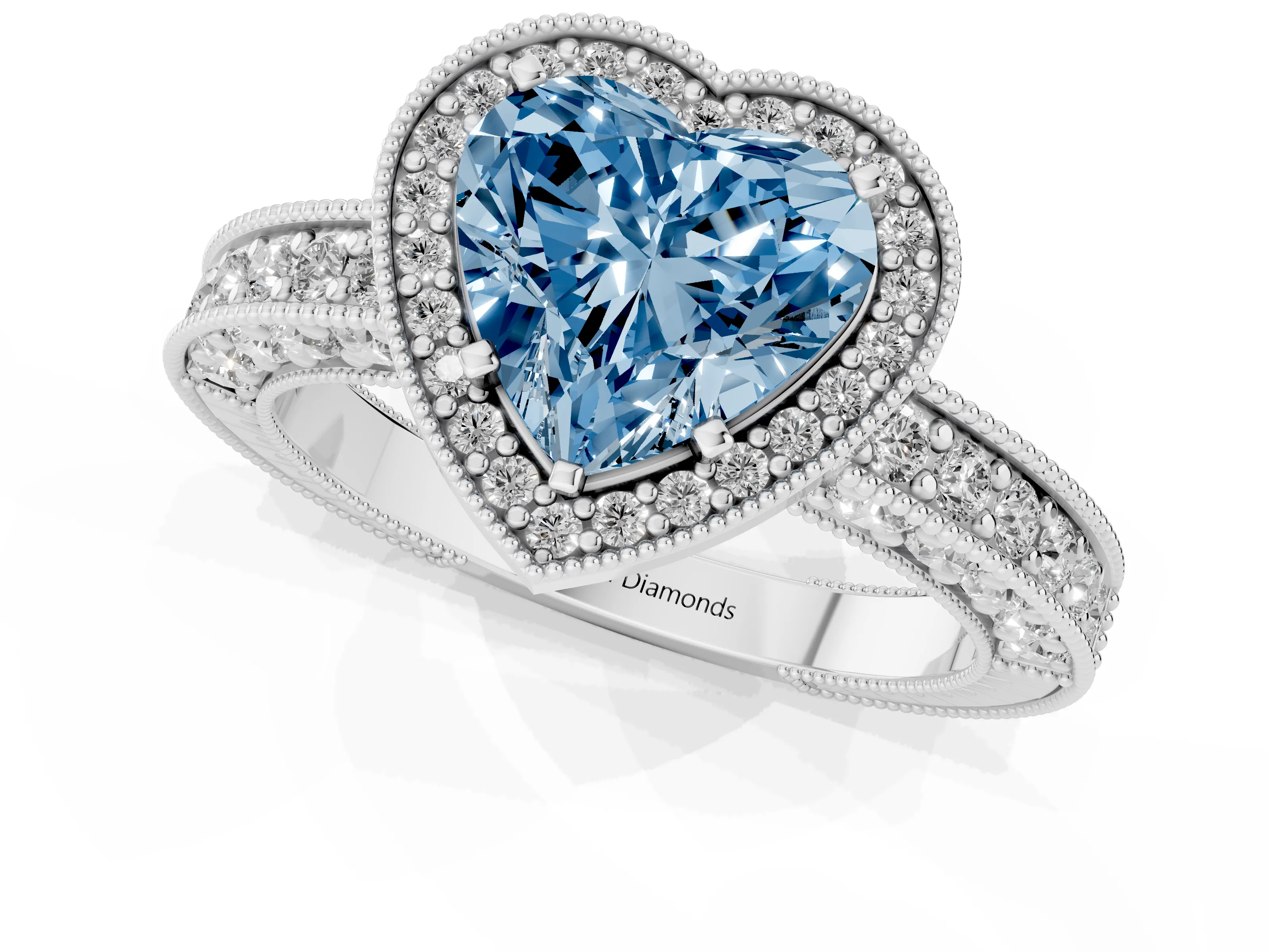 Fancy Blue Heart Cut Diamond Halo Pavé Band Ring Set in Platinum with Prong-Set Center