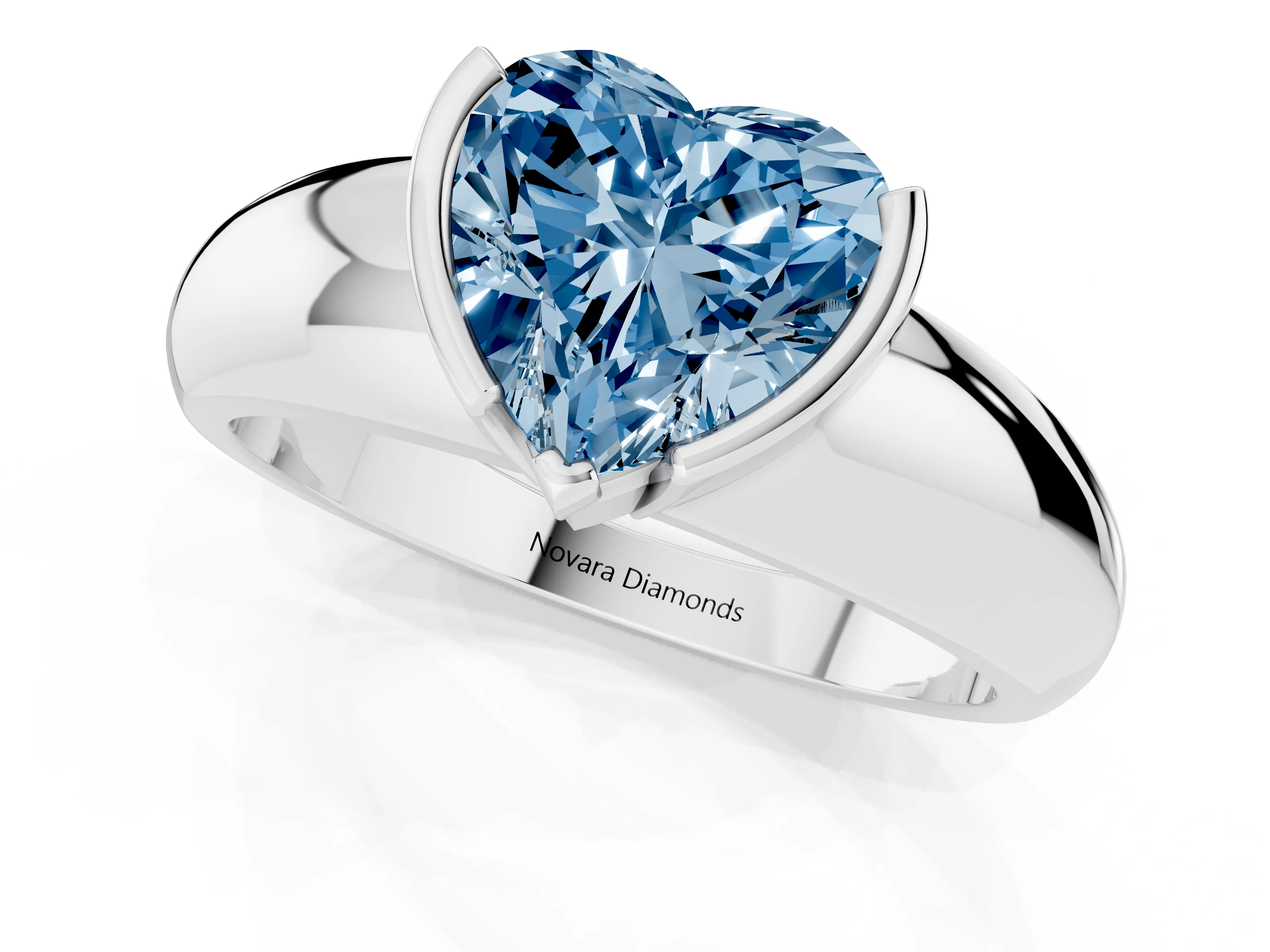 Fancy Blue Heart Cut Diamond Solitaire Tension Set Ring Set in Platinum with Wide Band