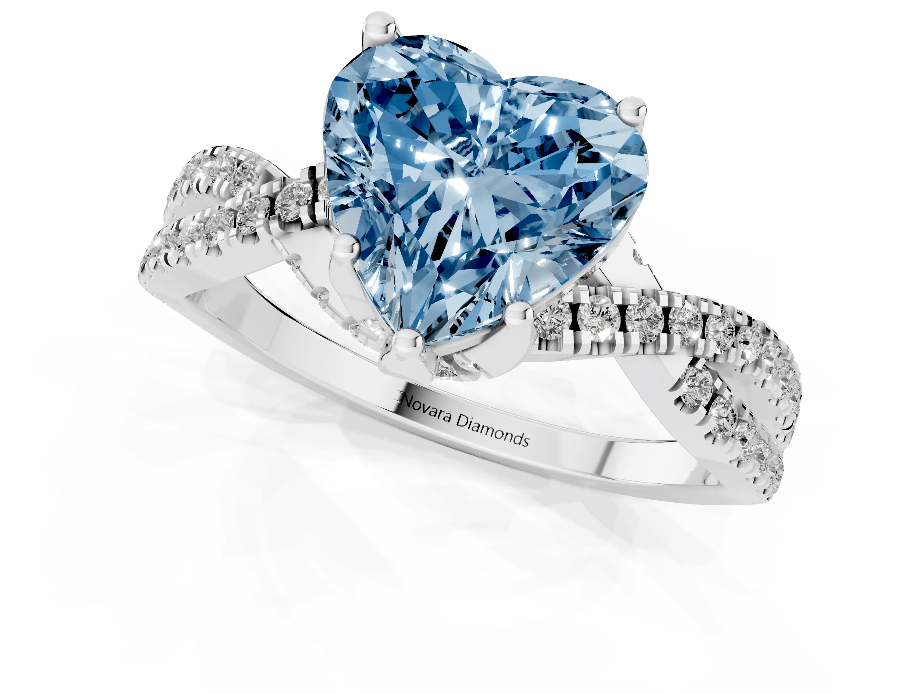 Fancy Blue Heart Cut Diamond Twist Pavé Solitaire Engagement Ring Set in Platinum with Prong Setting