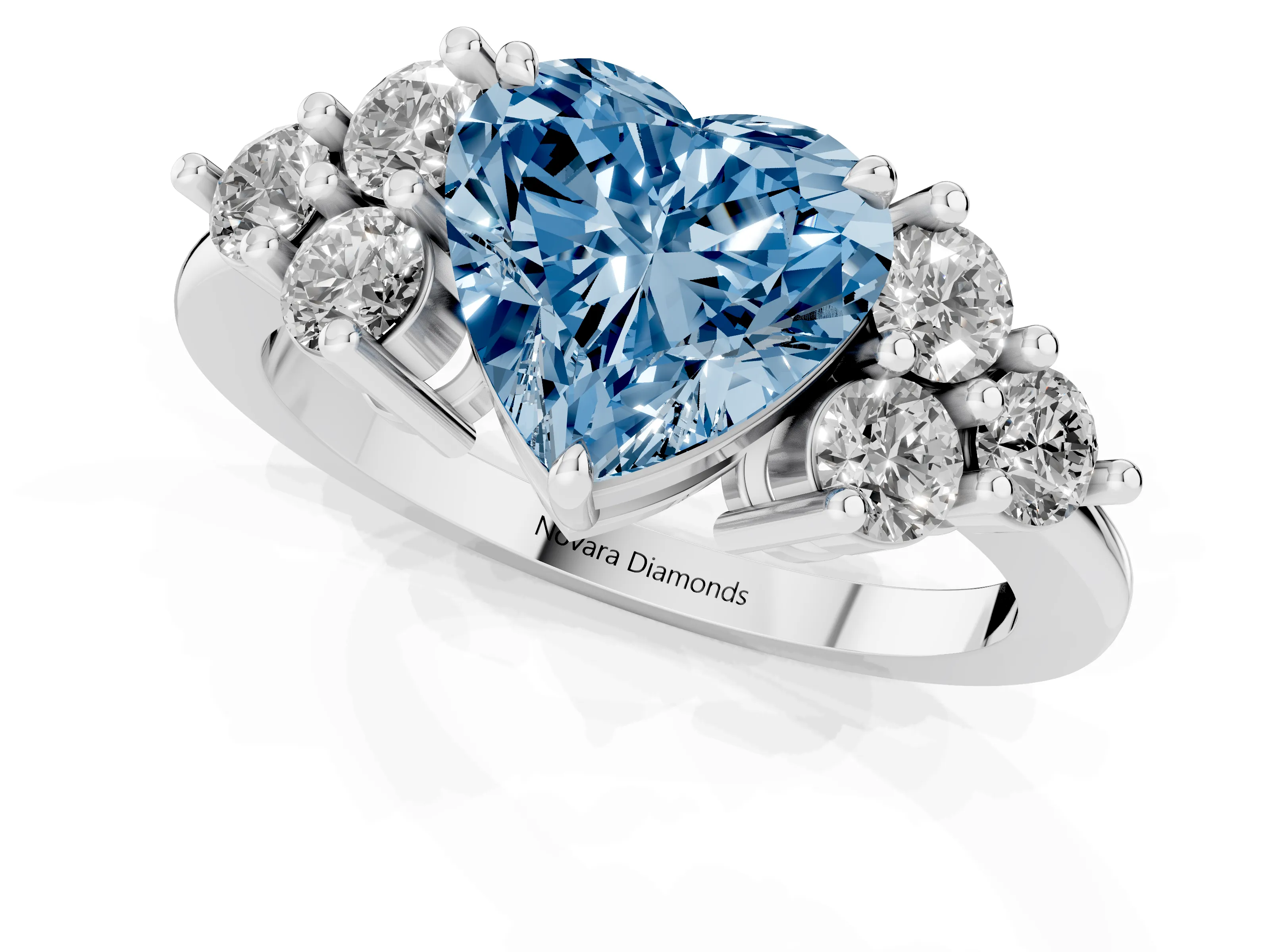 Fancy Blue Heart Cut Diamond Solitaire Ring Set in Platinum with Cluster Accents on Each Side – second view
