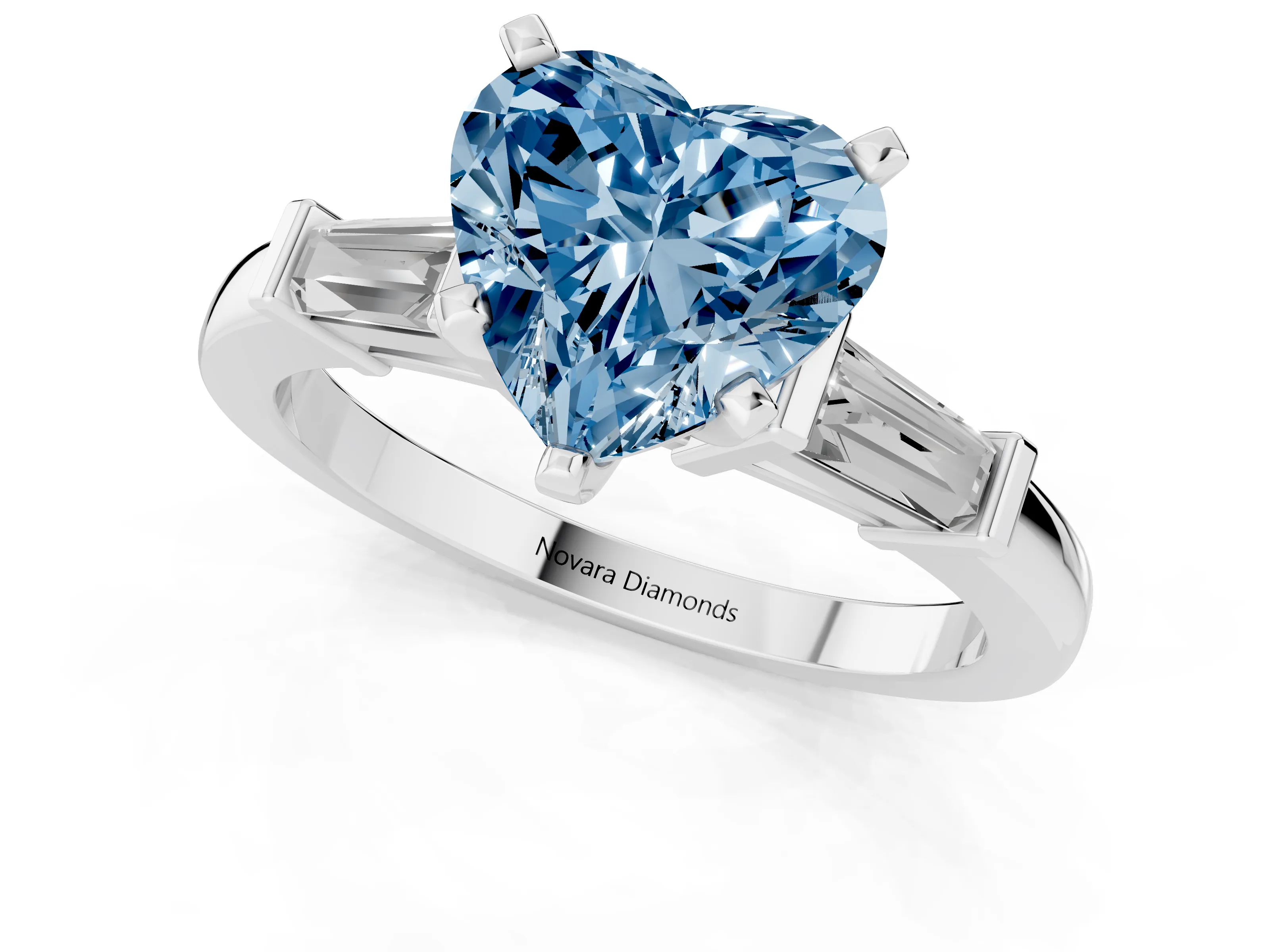 Fancy Blue Heart Cut Diamond Solitaire Ring Set in Silver with Tapered Baguette Accents and Prong Setting