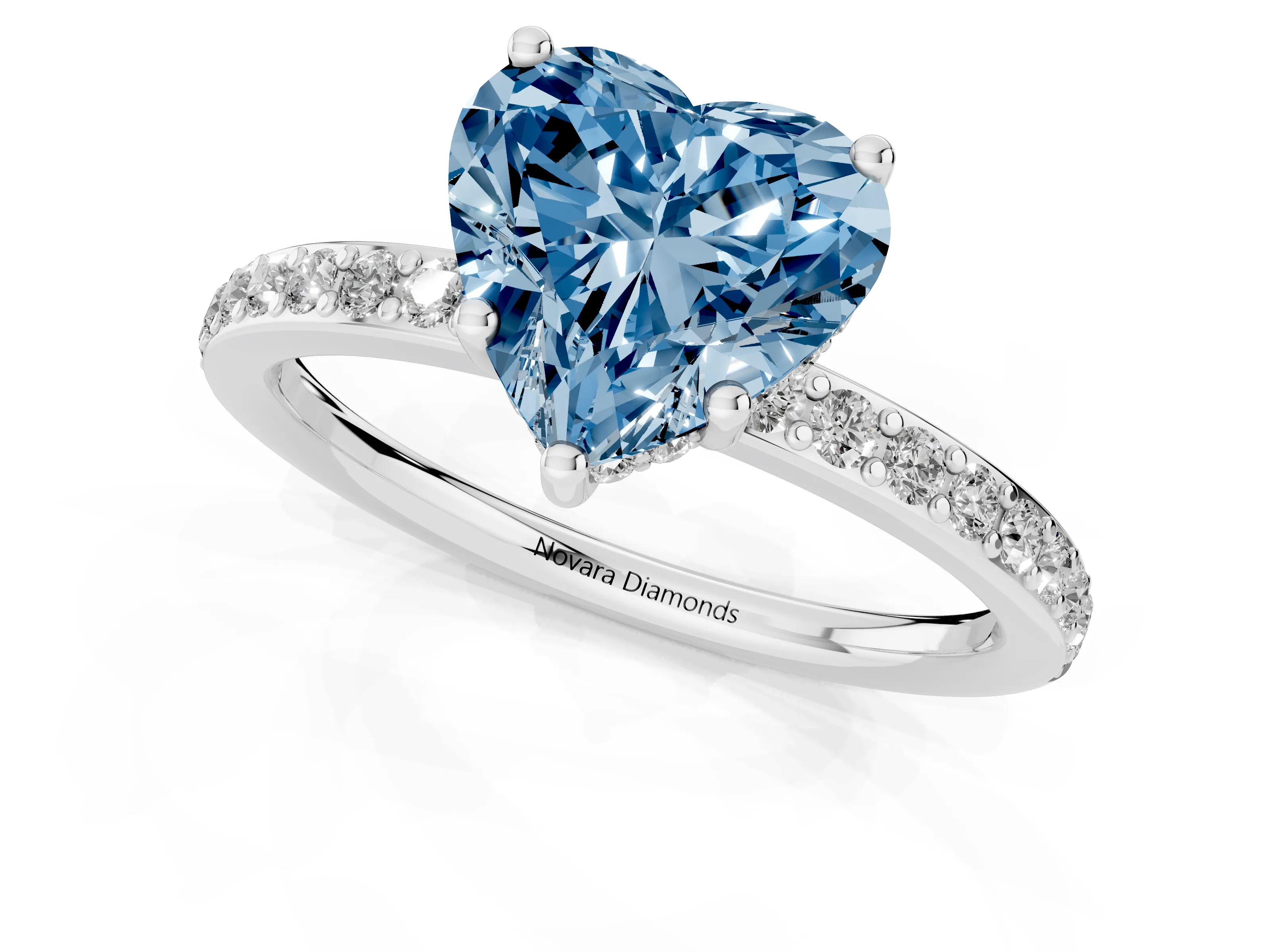 Fancy Blue Heart Cut Diamond Pavé Band Ring Set in White gold with Prong-Set Center Stone