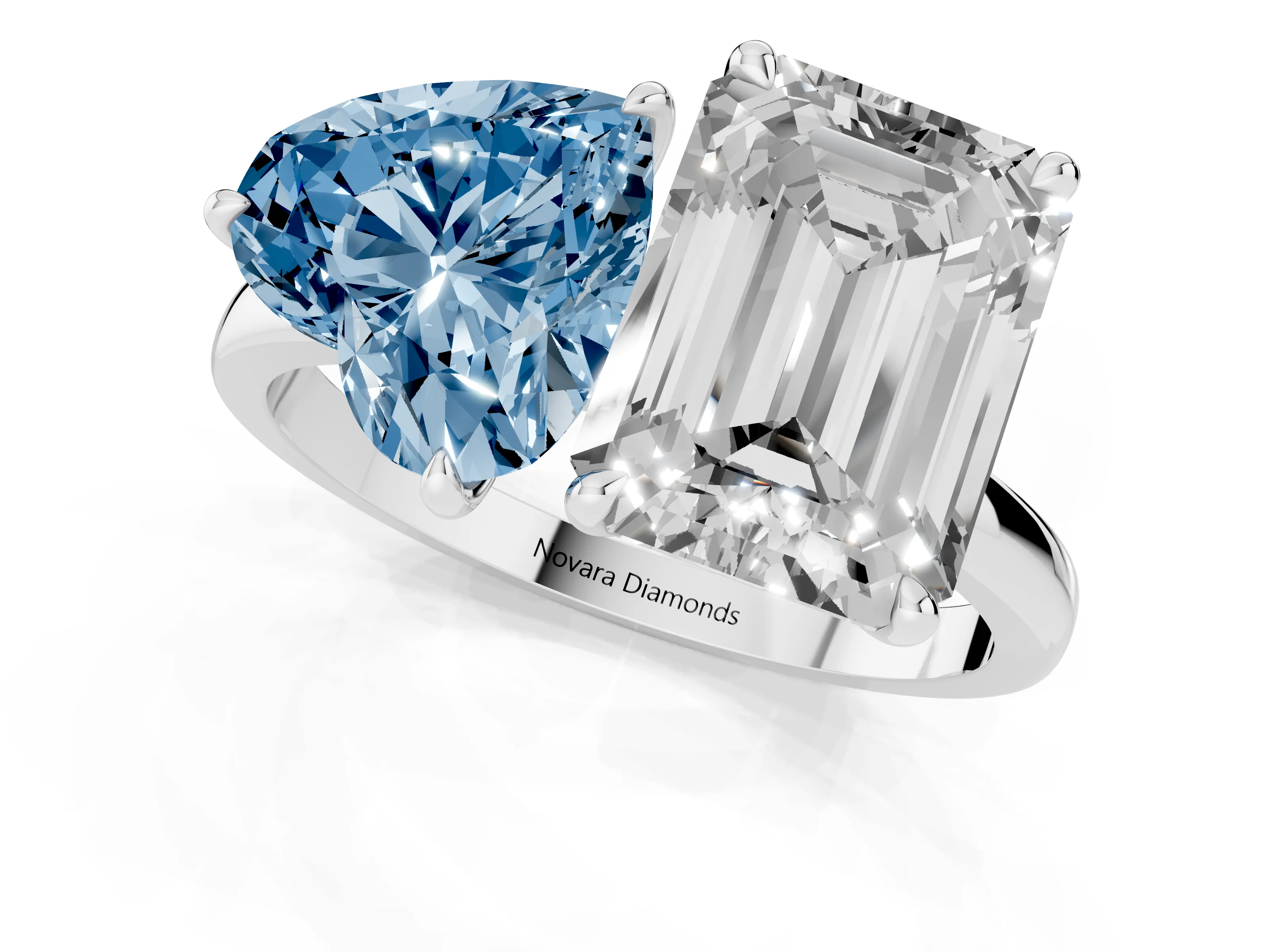 Fancy Blue Heart Cut and Emerald Cut Toi Moi Ring Set in Silver with Prong Setting