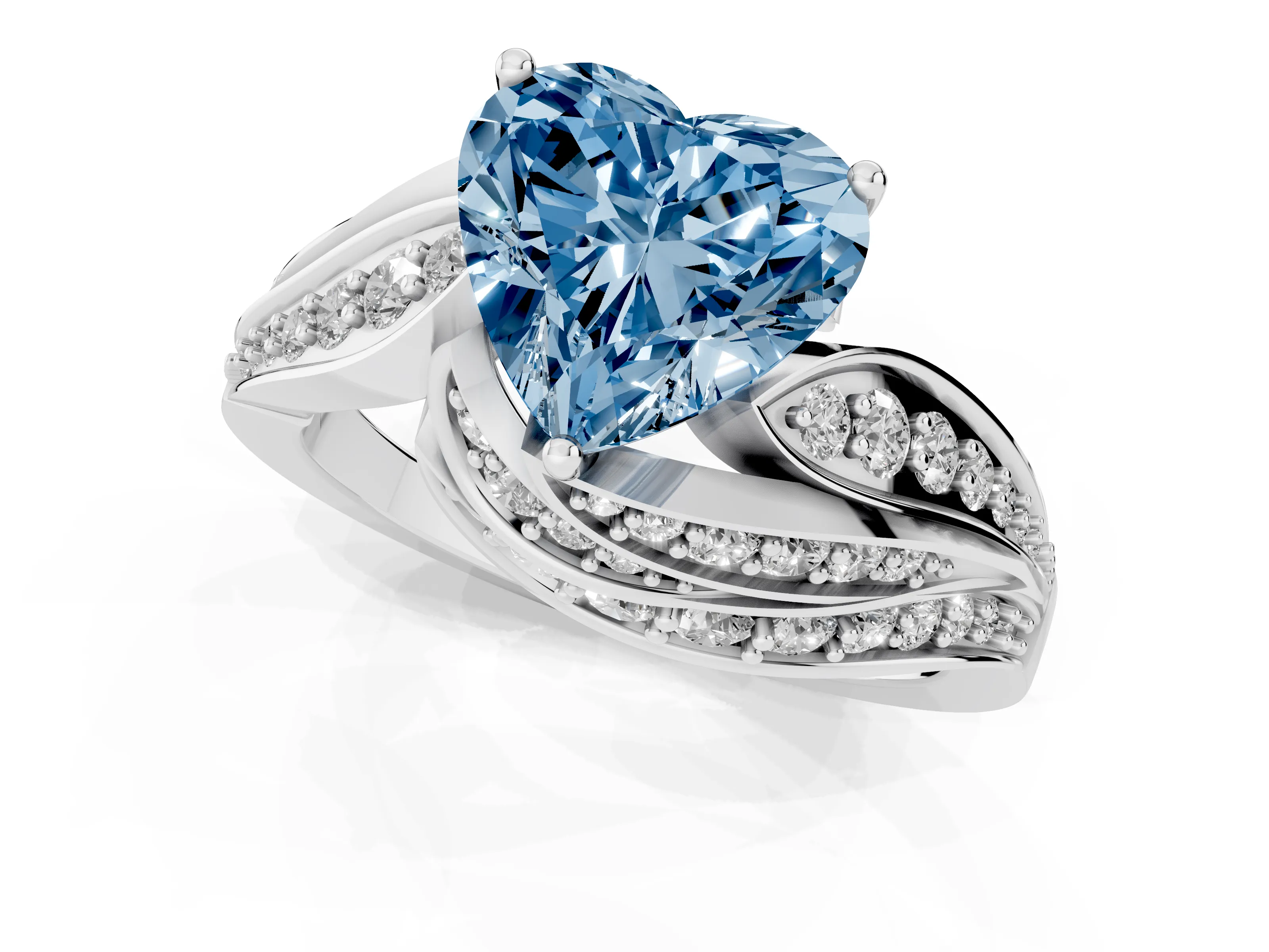 Fancy Blue Heart Cut Diamond Solitaire Ring Set in Silver with Layered Twist Pavé Band