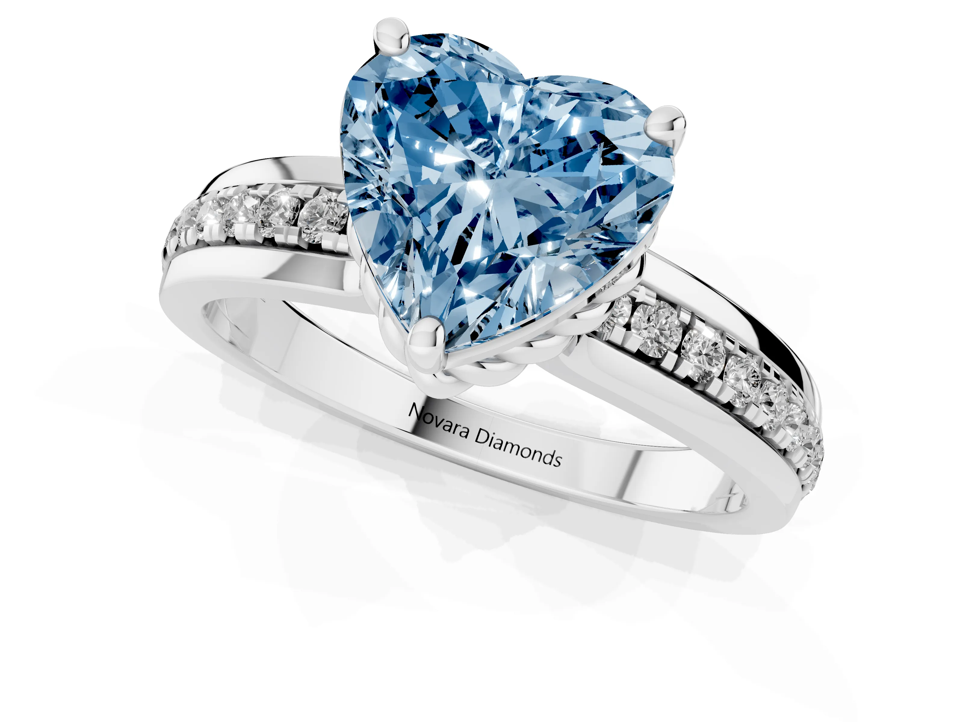 Fancy Blue Heart Cut Diamond Solitaire Ring Set in White gold with Channel Set Band and Prong Setting