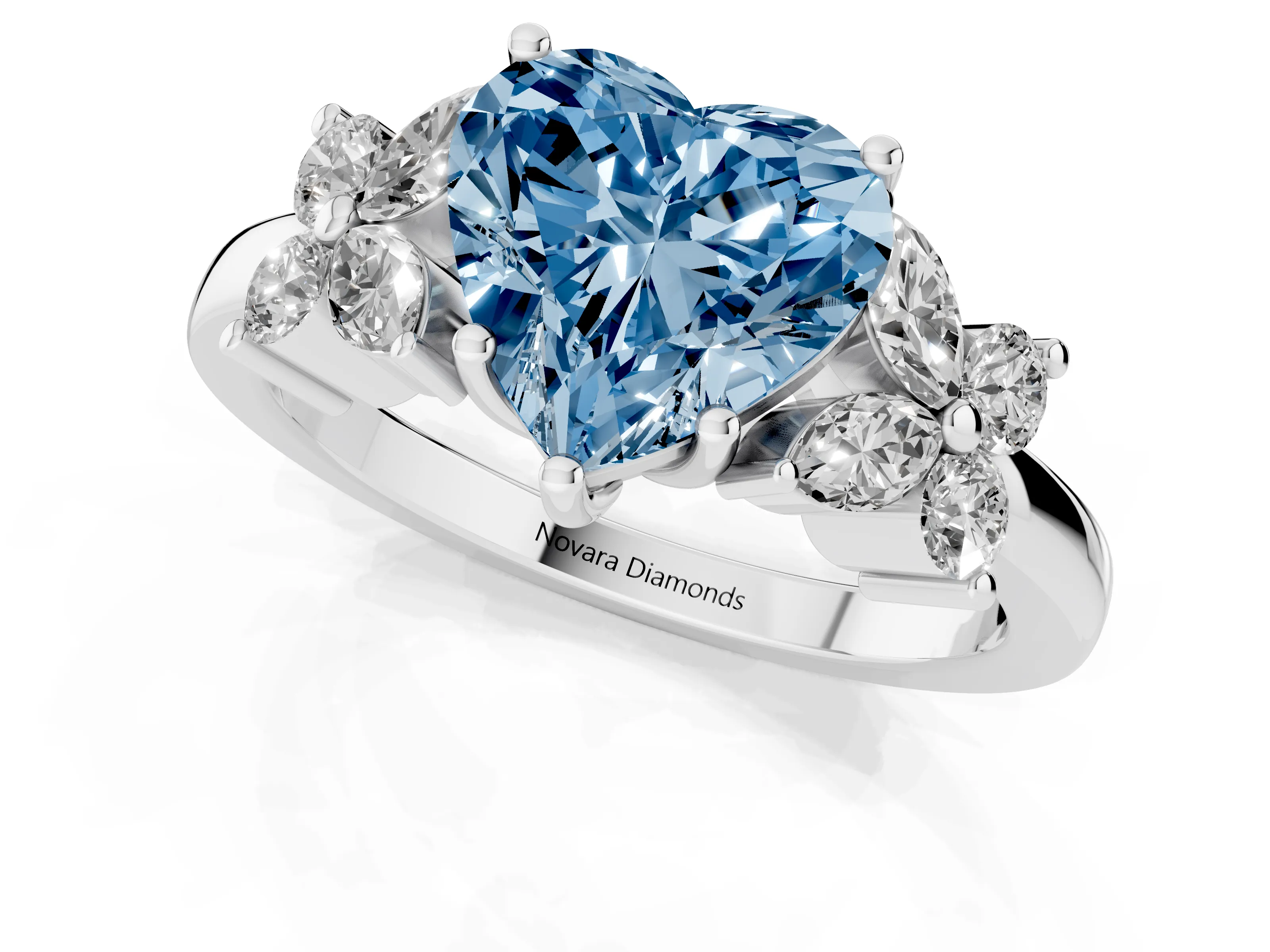 Fancy Blue Heart Cut Diamond Floral Cluster Ring Set in Silver with Marquise Petals and Prong Setting