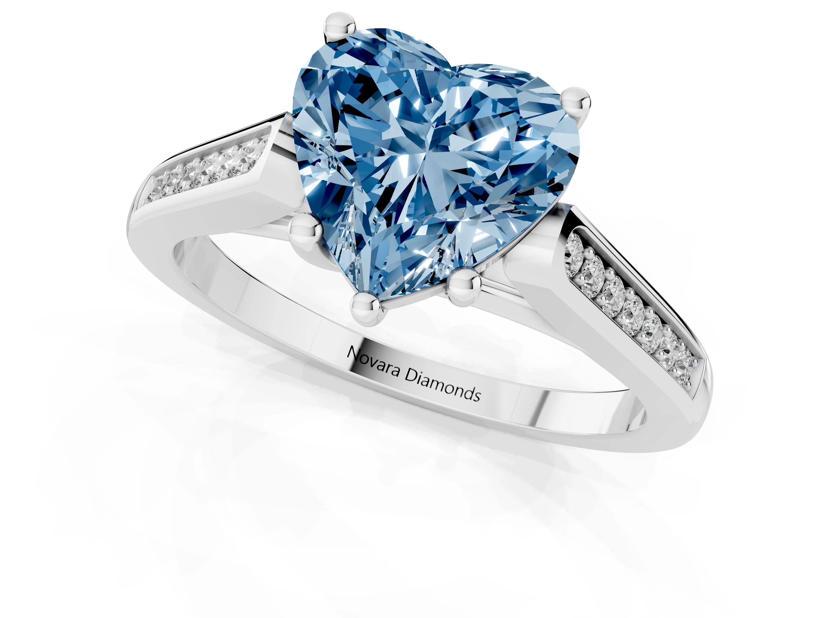 Fancy Blue Heart Cut Diamond Solitaire Cathedral Engagement Ring Set in White gold with Channel-Set Band and Prong Setting