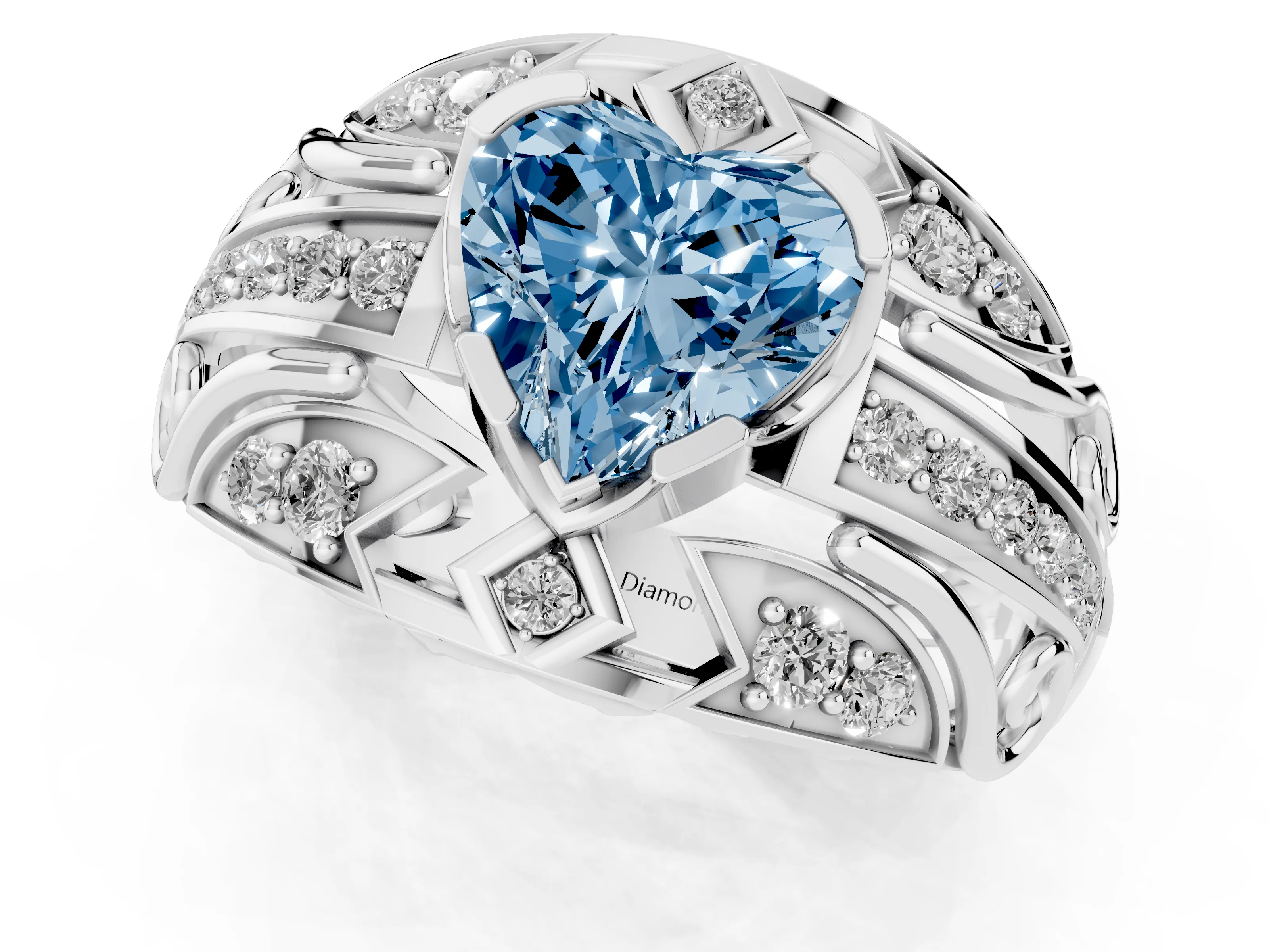 Fancy Blue Heart Cut Diamond Art Deco Ring Set in Platinum with Pavé Split Shank