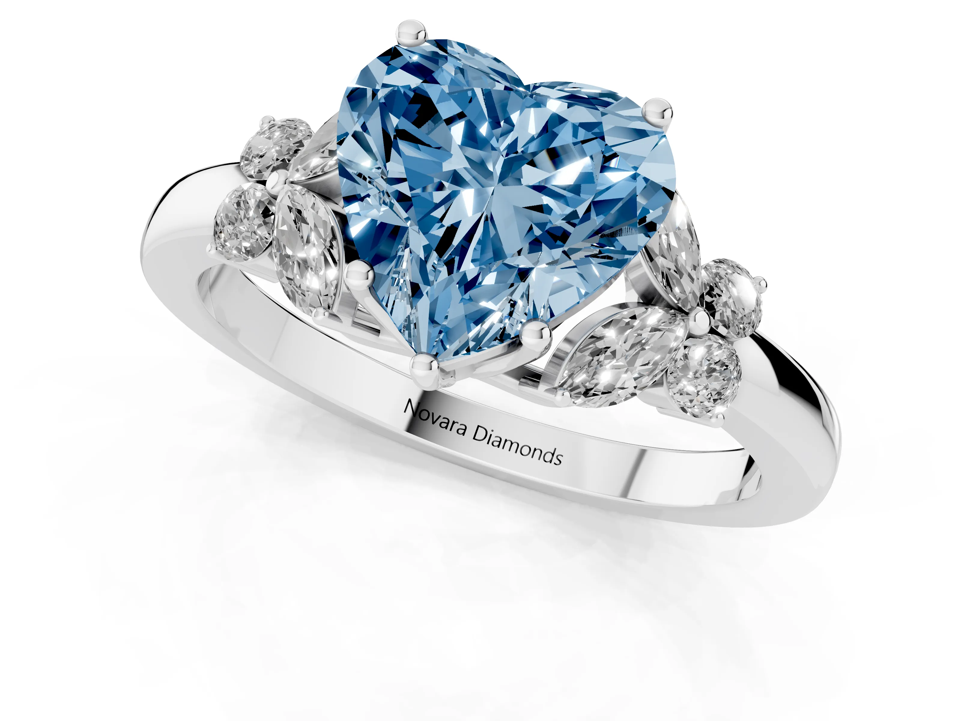 Fancy Blue Heart Cut Diamond Solitaire Floral Ring Set in Platinum with Marquise Petals and Prong Setting