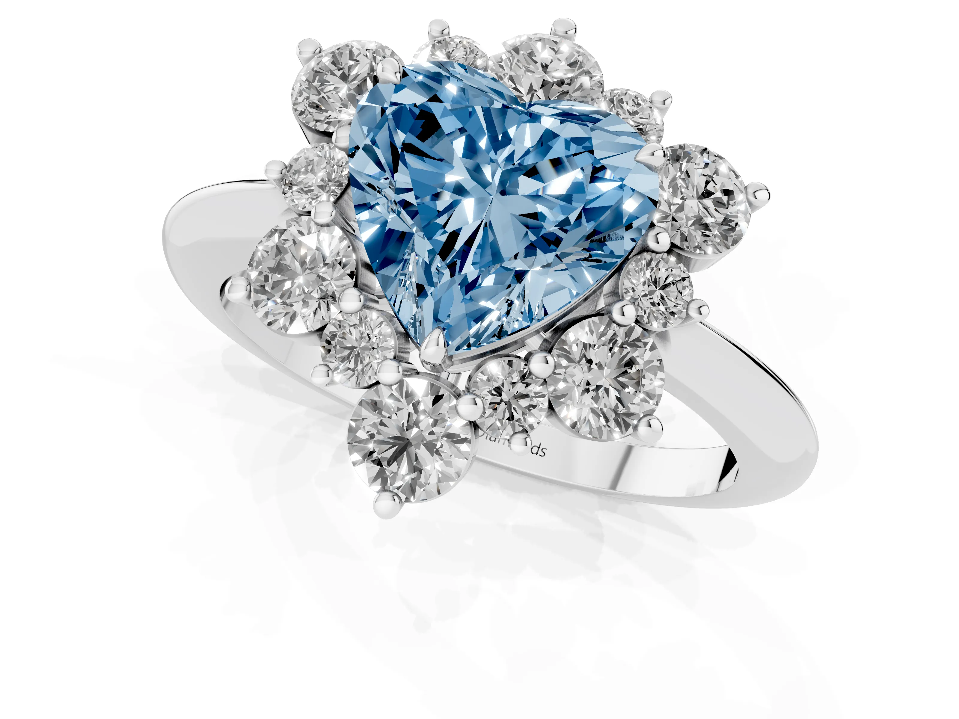 Fancy Blue Heart Cut Diamond Cluster Halo Ring Set in White gold with Solitaire Band and Prong Setting