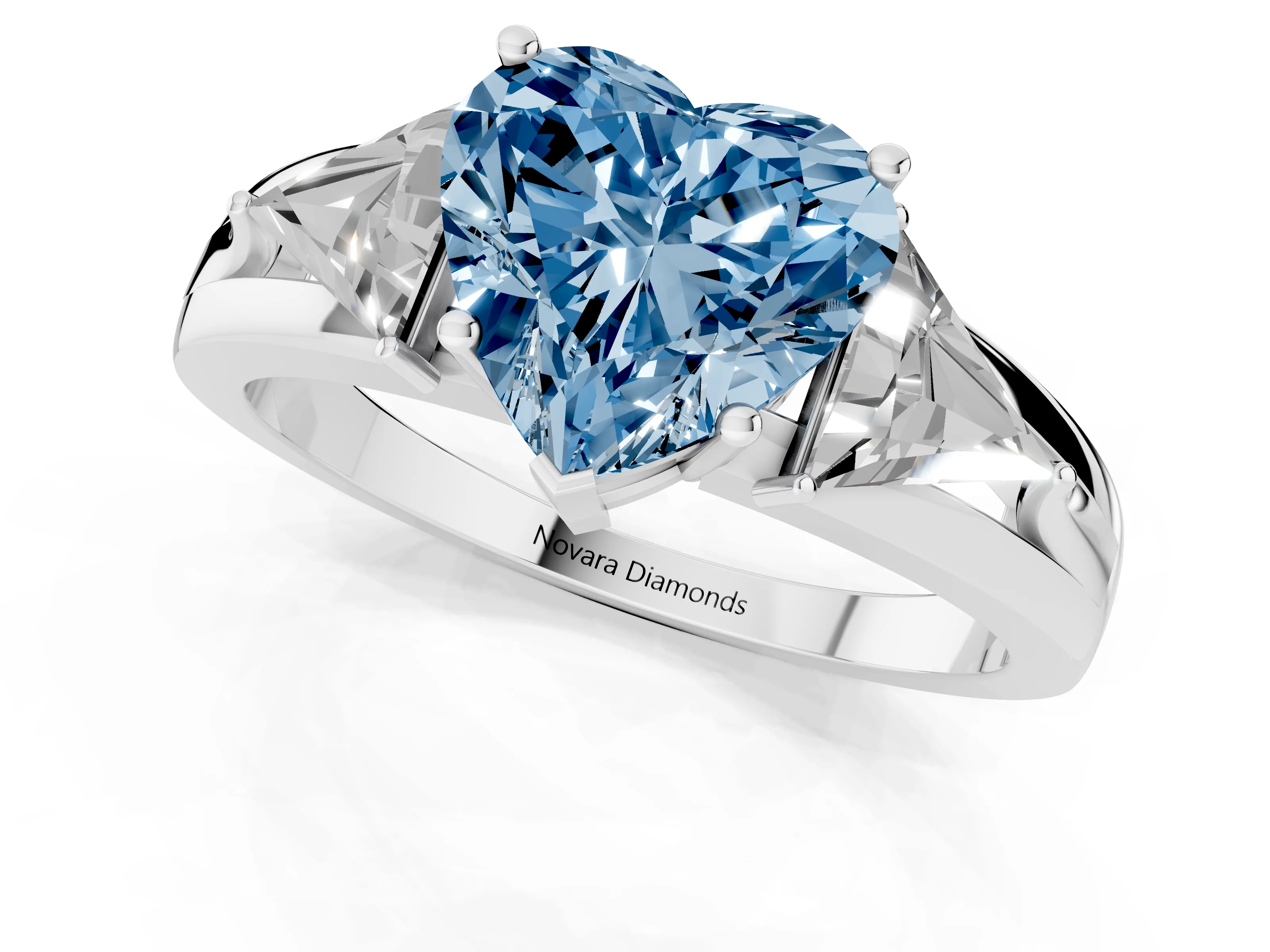 Fancy Blue Heart Cut Diamond Three-Stone Ring Set in Silver with Trillion Side Stones and Split Shank