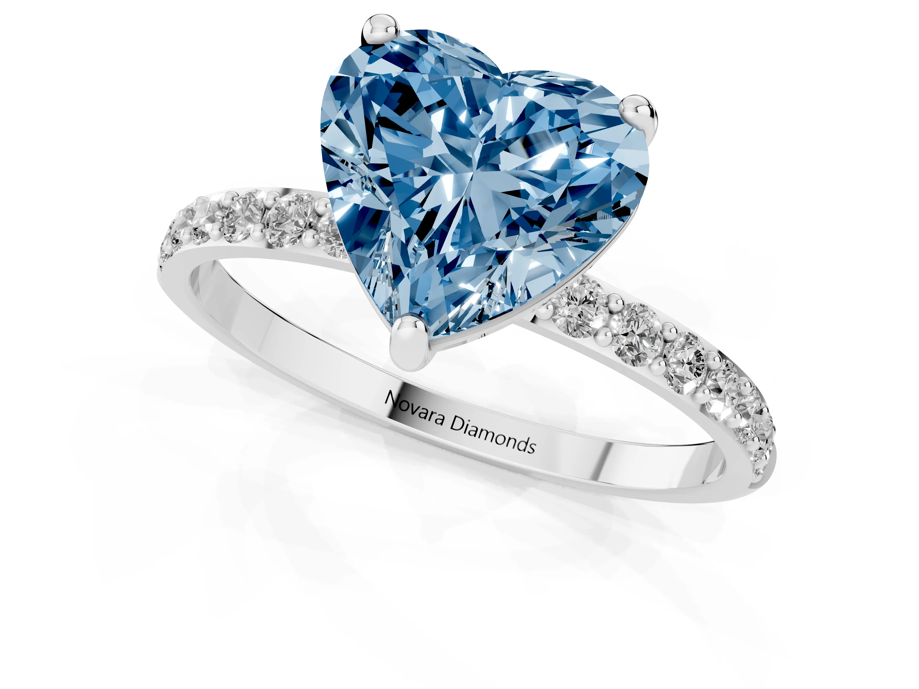 Fancy Blue Heart Cut Diamond Solitaire Ring Set in Silver with Round Pavé Band and Prong Setting