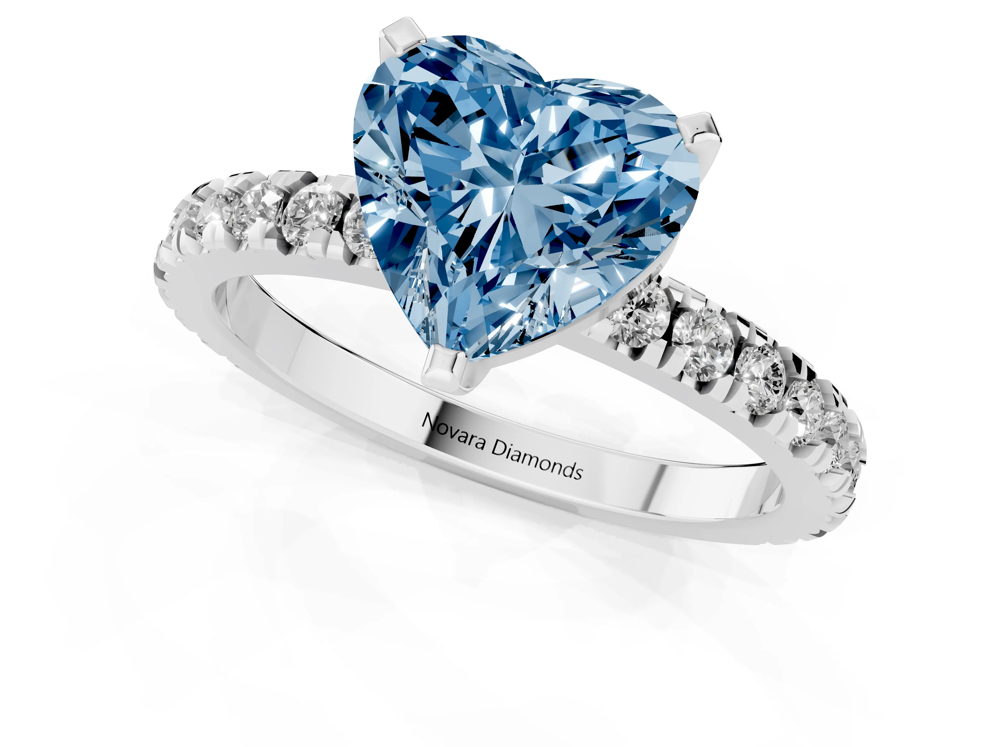 Fancy Blue Heart Cut Diamond Pavé Band Solitaire Set in White gold with Prong Setting