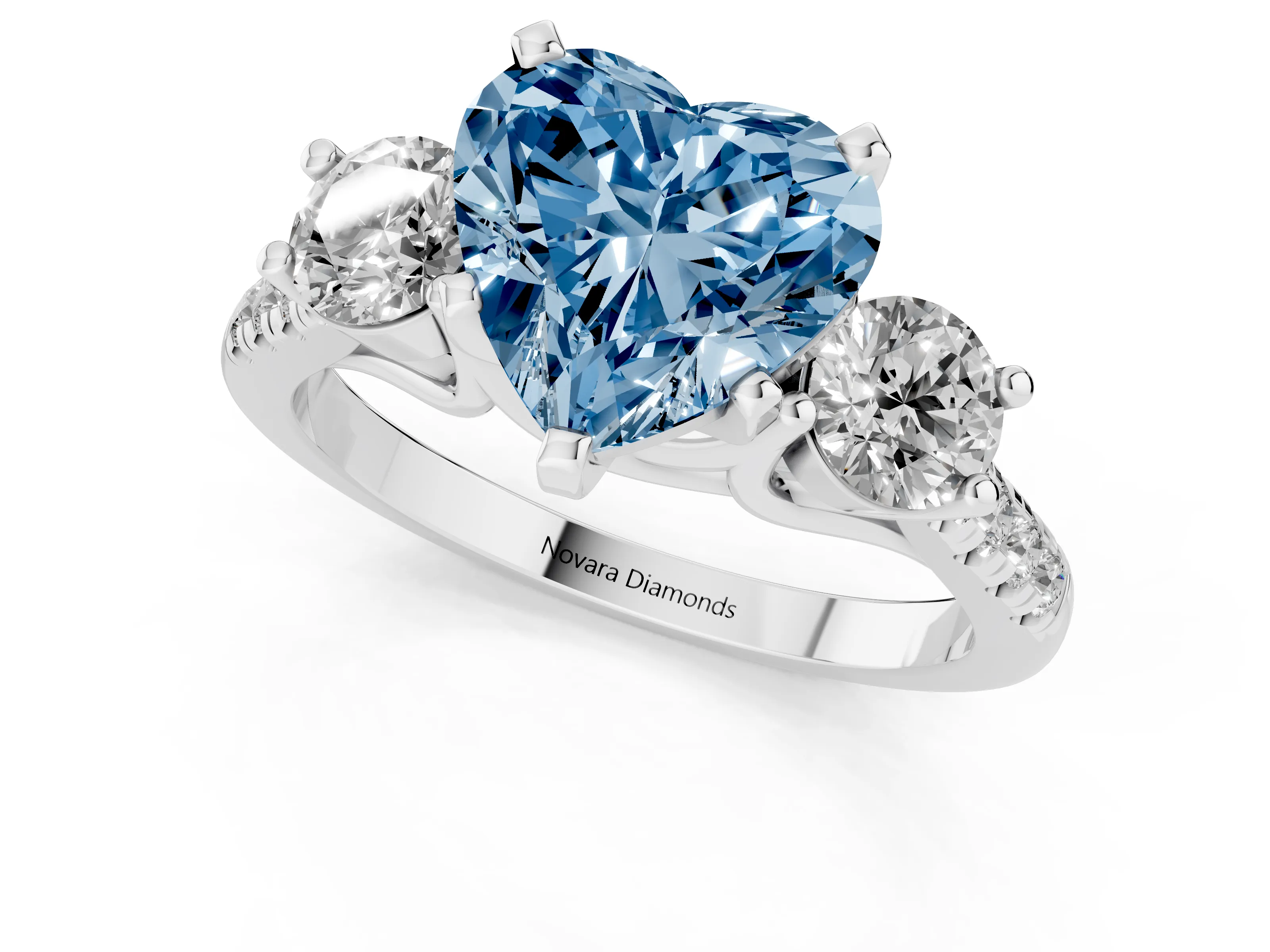 Fancy Blue Three-Stone Heart Cut Diamond Pavé Band Ring Set in Silver with Prong-Set Trio
