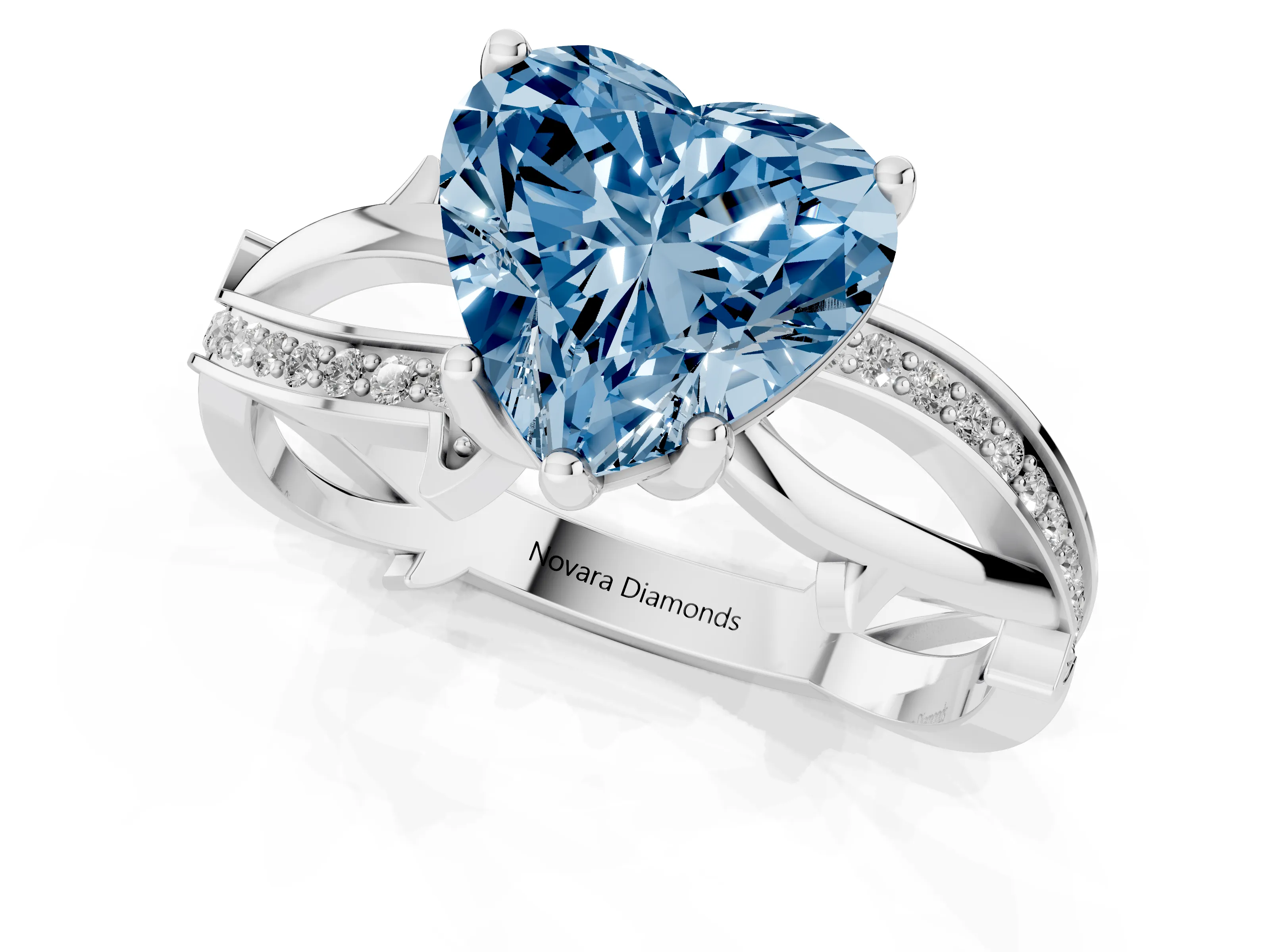 Fancy Blue Heart Cut Diamond Pavé Twist Band Solitaire Ring Set in White gold with Prong Setting