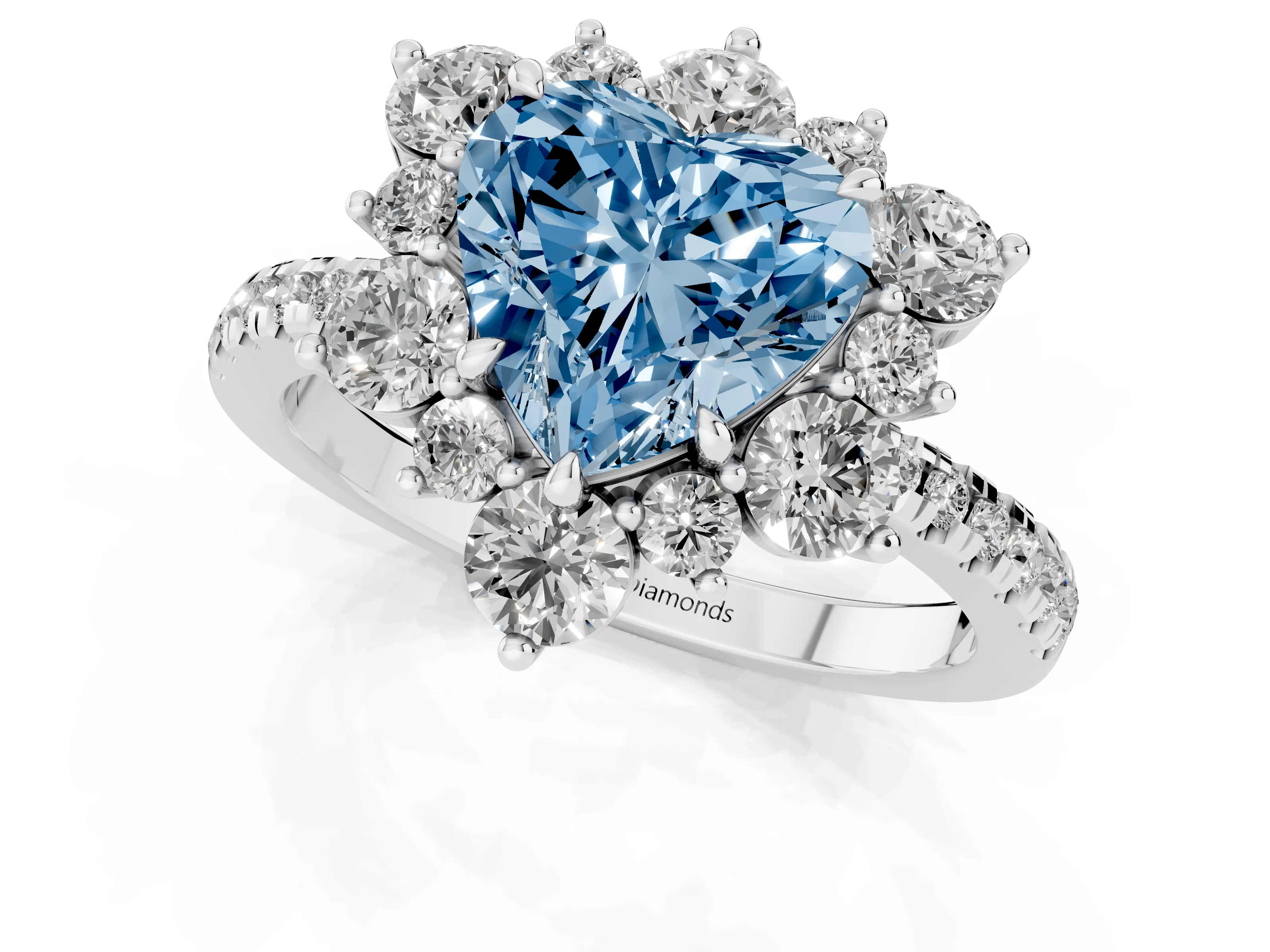 Fancy Blue Heart Cut Diamond Floral Halo Ring Set in White gold with Round Pavé Band and Prong Setting