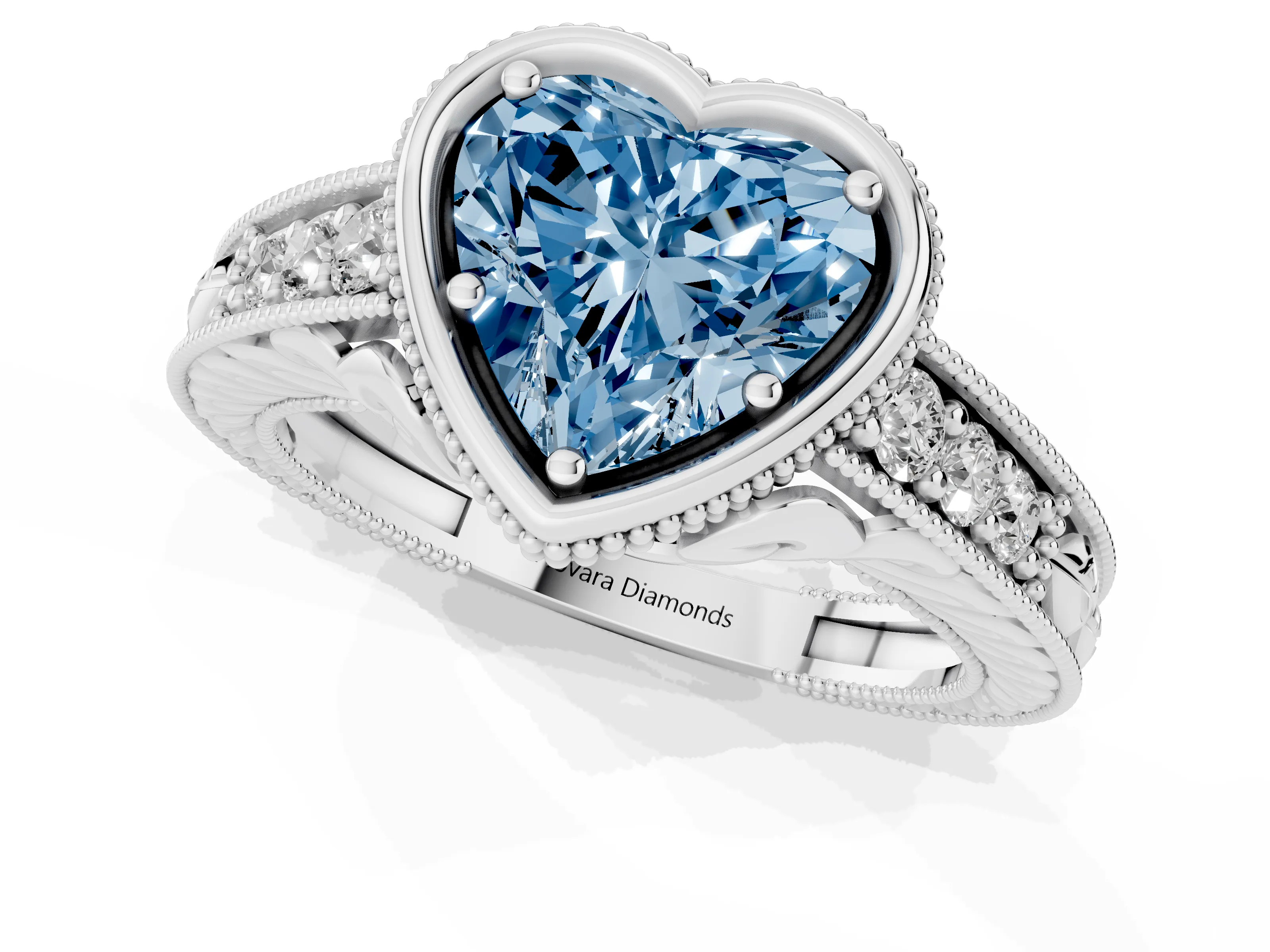 Fancy Blue Bezel Set Heart Cut Diamond Milgrain Pavé Engagement Ring Set in Silver