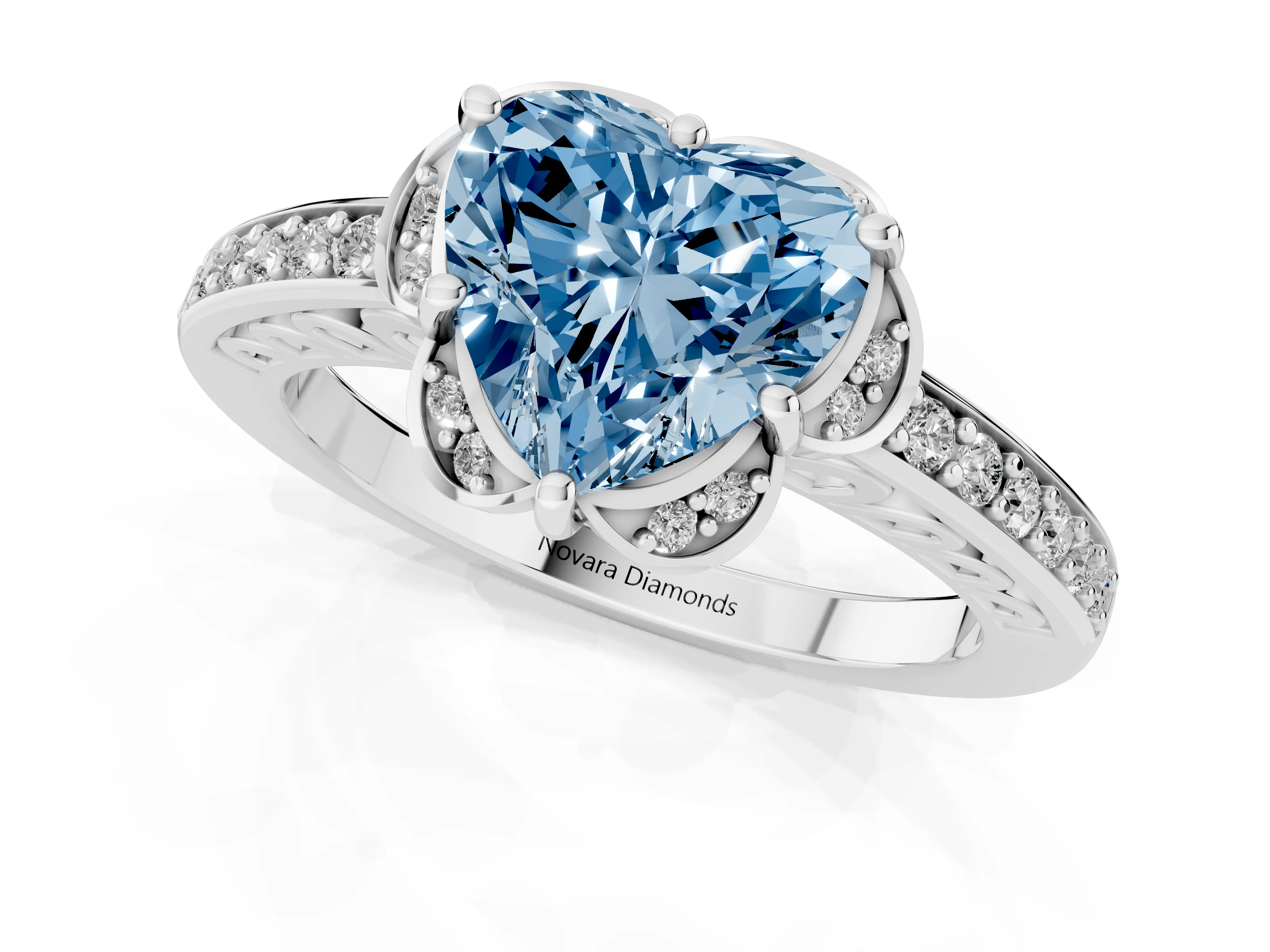 Fancy Blue Heart Cut Diamond Halo Ring Set in Platinum with Channel Set Band and Prong Setting