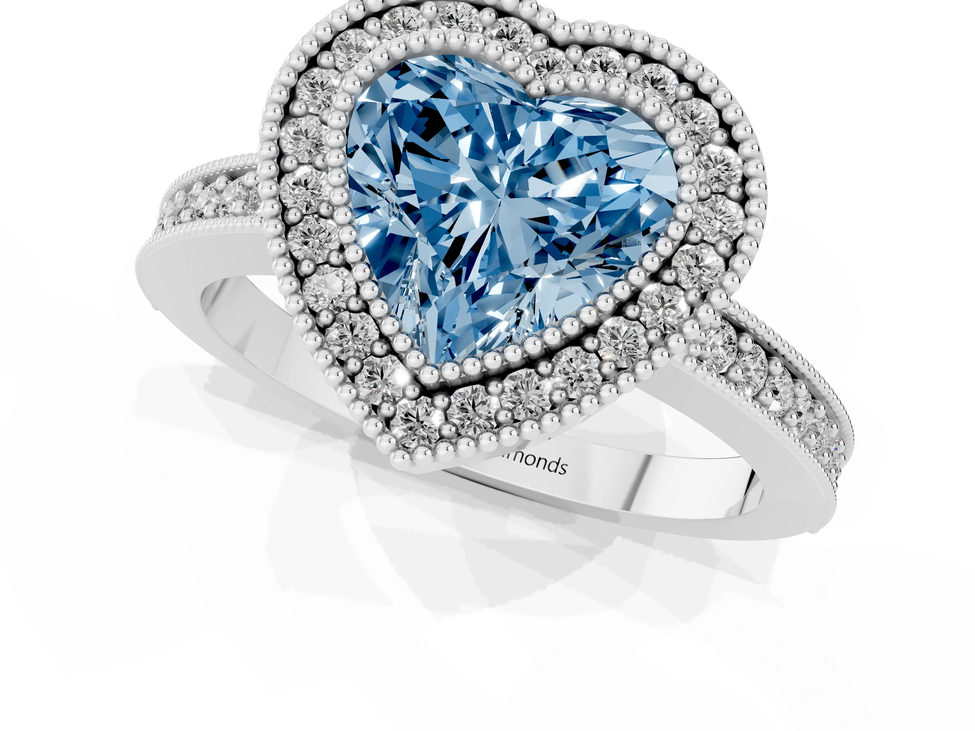 Fancy Blue Heart Cut Diamond Halo Engagement Ring Set in Platinum with Pavé Band and Round Halo Stones