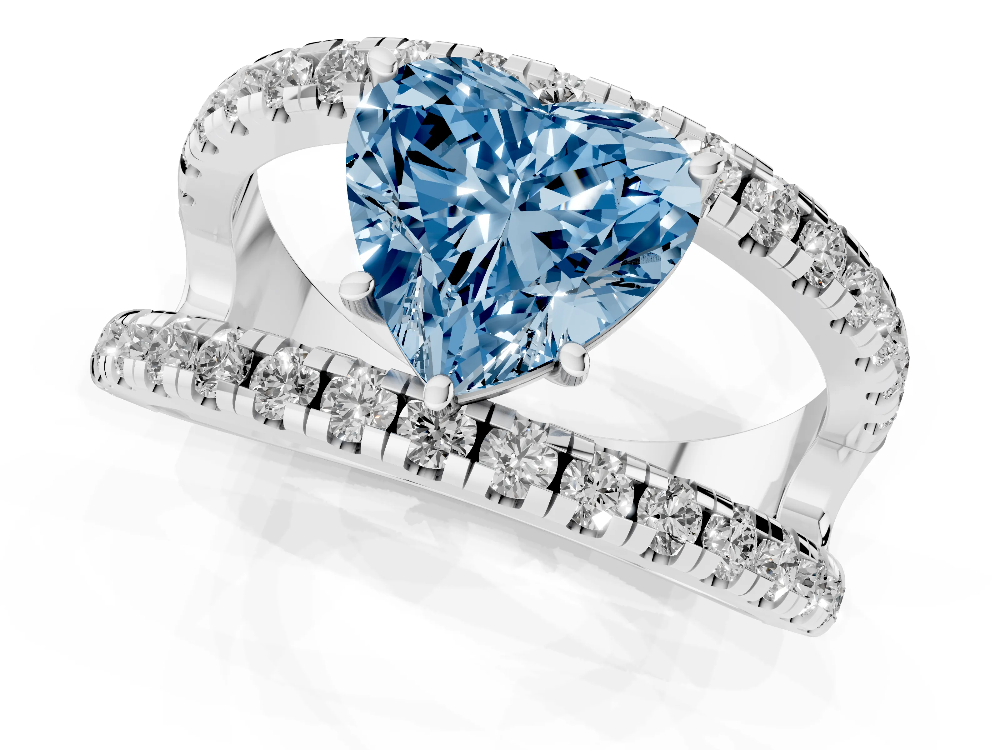 Fancy Blue Heart Cut Diamond Split Shank Pavé Solitaire Ring Set in Platinum with Open Shank Design