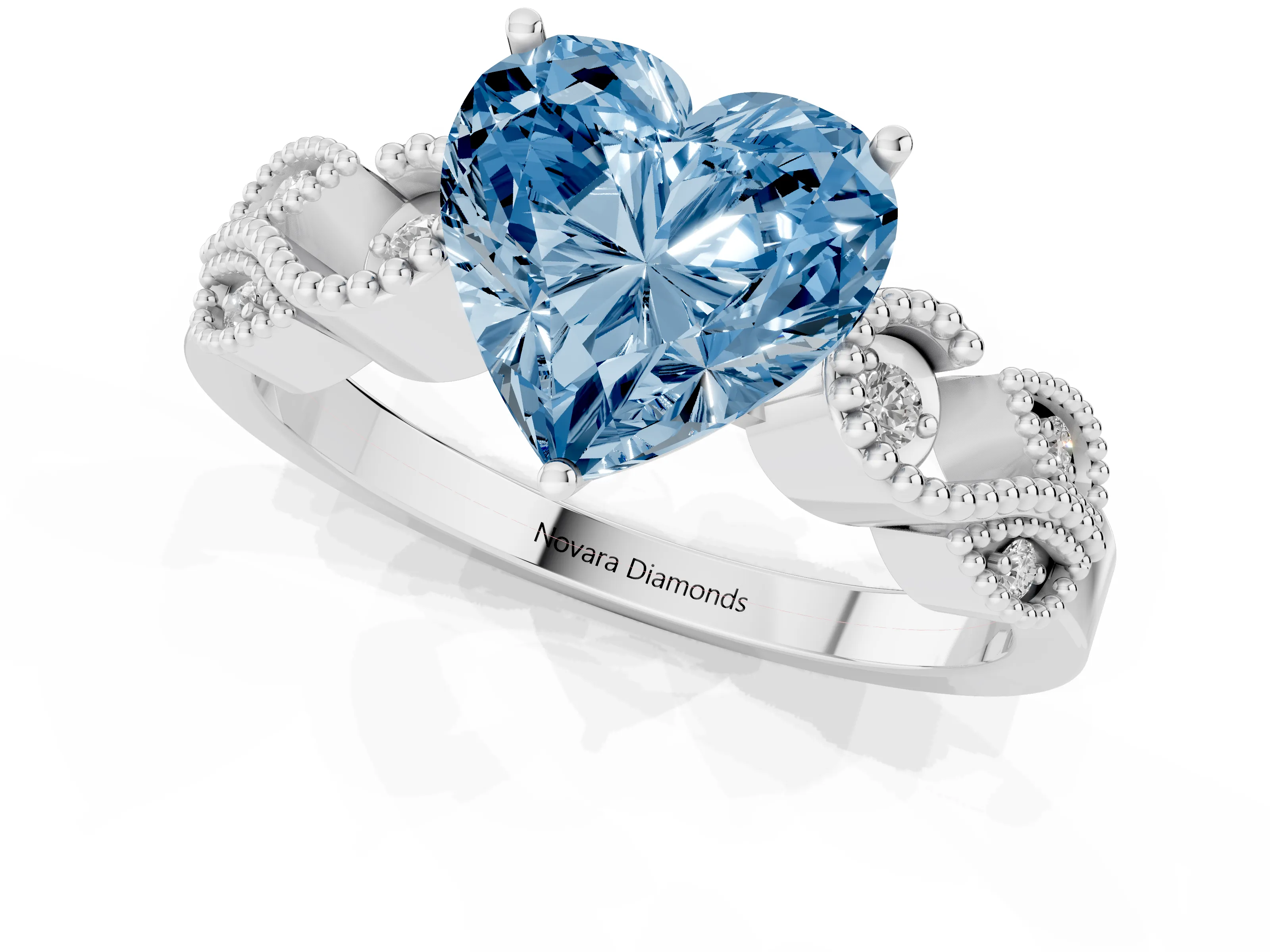 Fancy Blue Heart Cut Diamond Milgrain Leaf Band Solitaire Ring Set in White gold with Accent Stones and Prong Setting