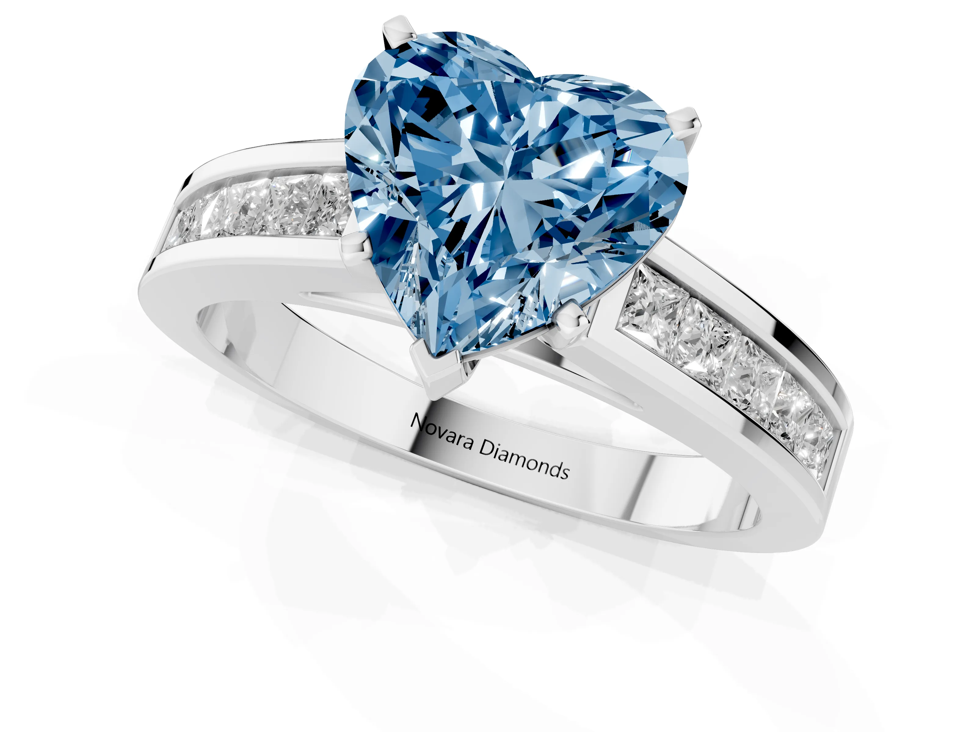 Fancy Blue Heart Cut Diamond Solitaire Ring Set in White gold with Channel-Set Band and Prong Setting