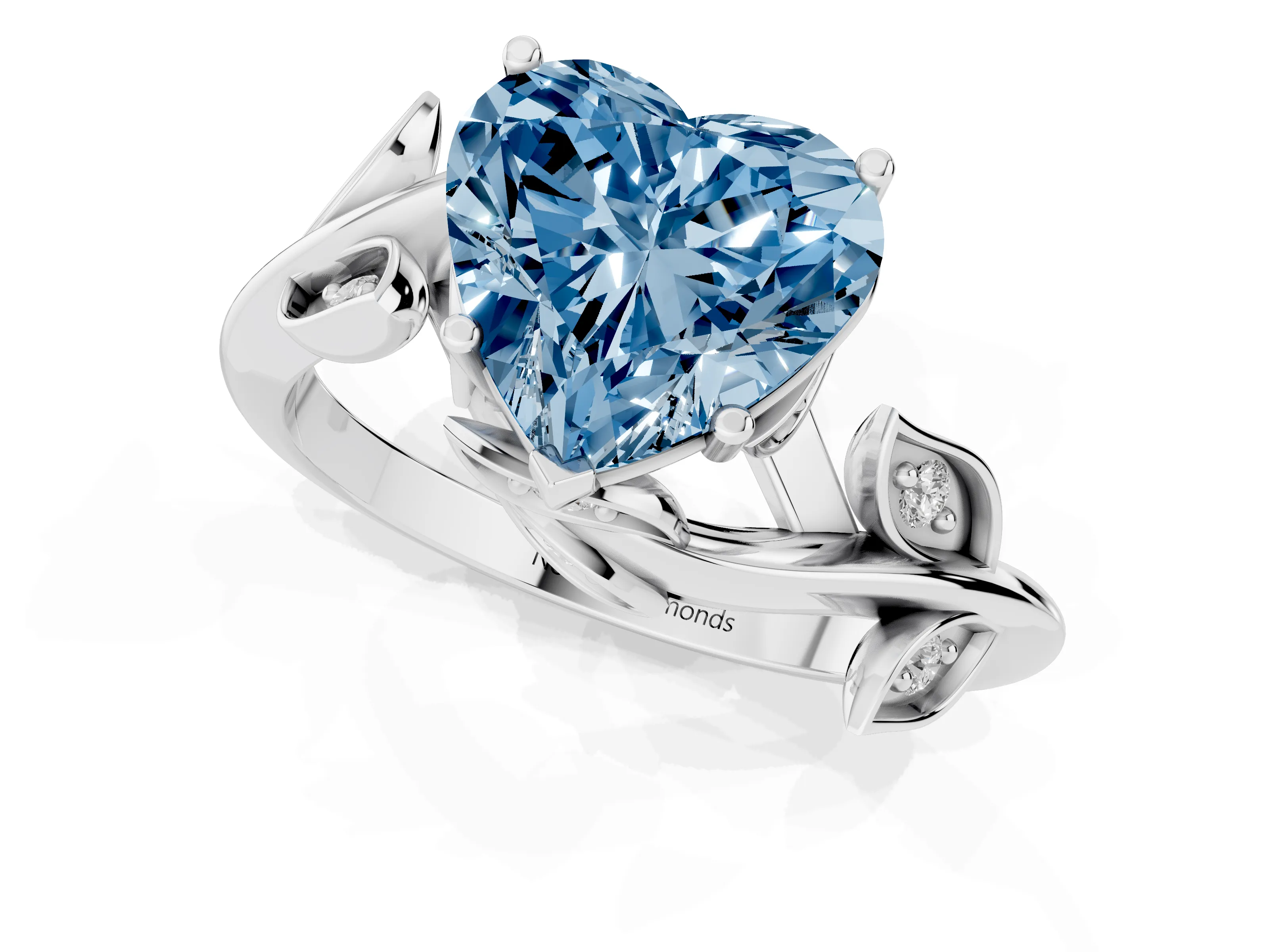 Fancy Blue Heart Cut Diamond Solitaire Twist Engagement Ring Set in White gold with Pavé Leaf Accents