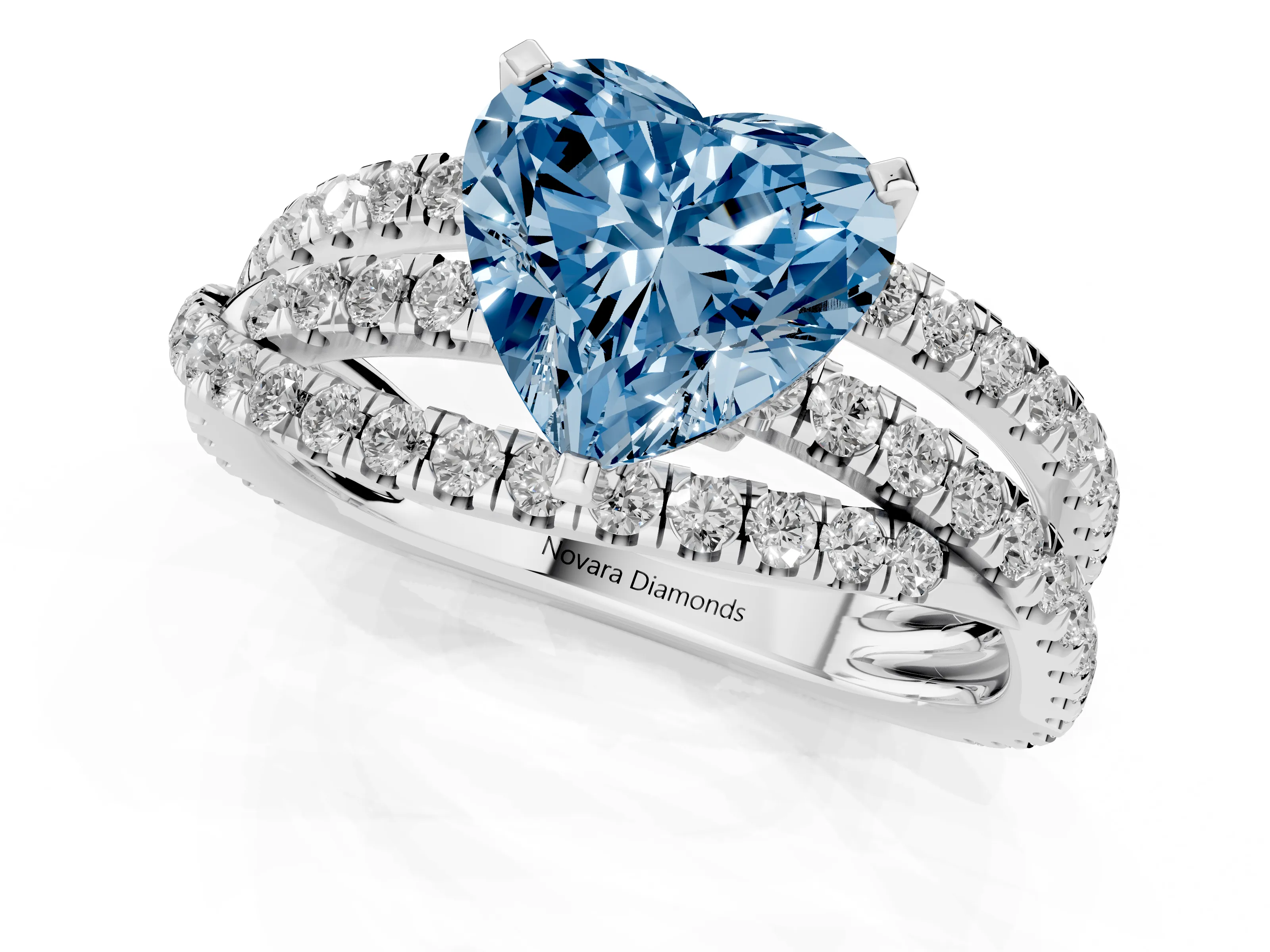 Fancy Blue Heart Cut Diamond Solitaire Twist Band Ring Set in Silver with Pavé Setting and Prong Head