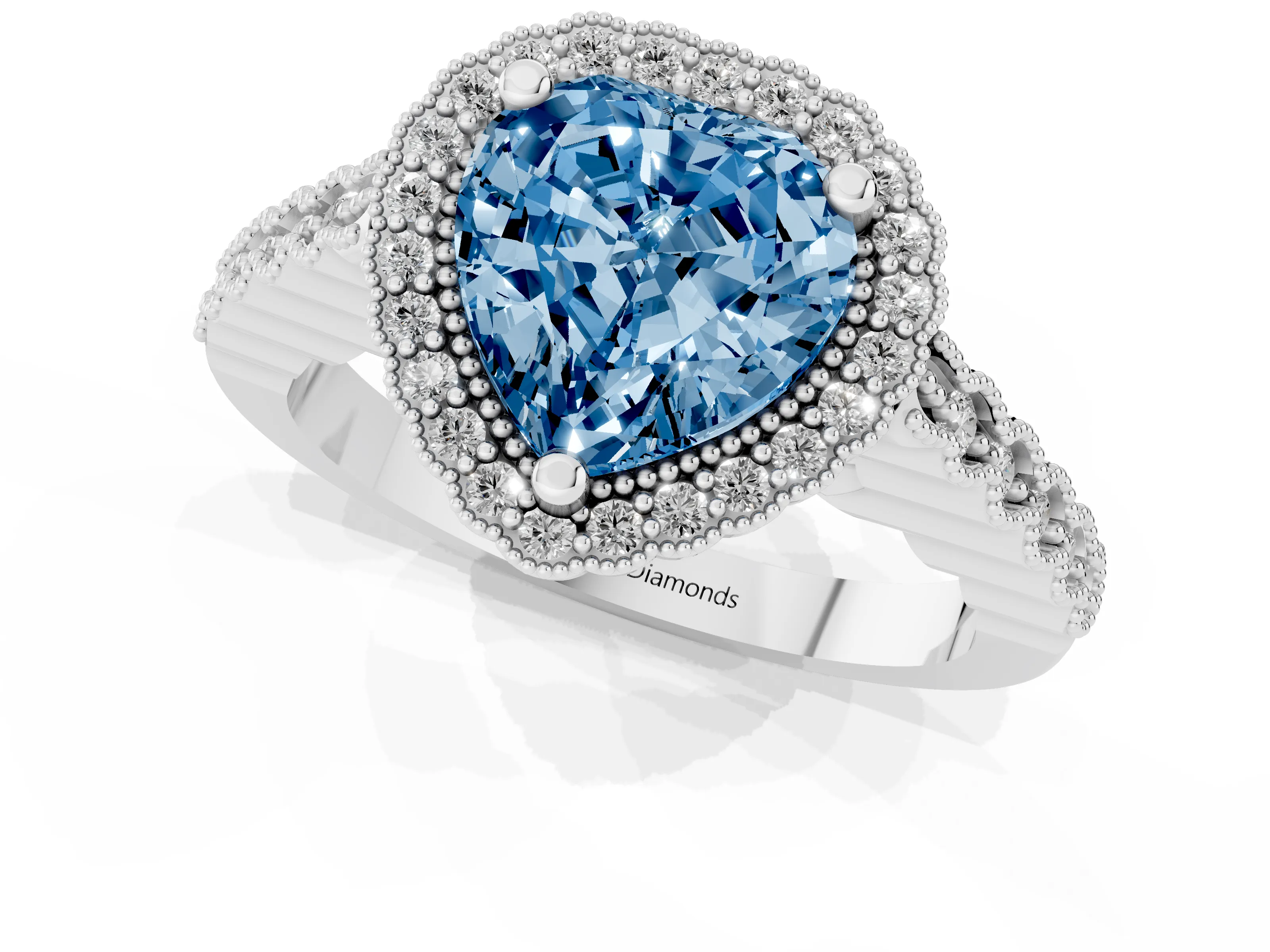 Fancy Blue Heart Cut Diamond Halo Ring Set in Platinum with Pavé Milgrain Band