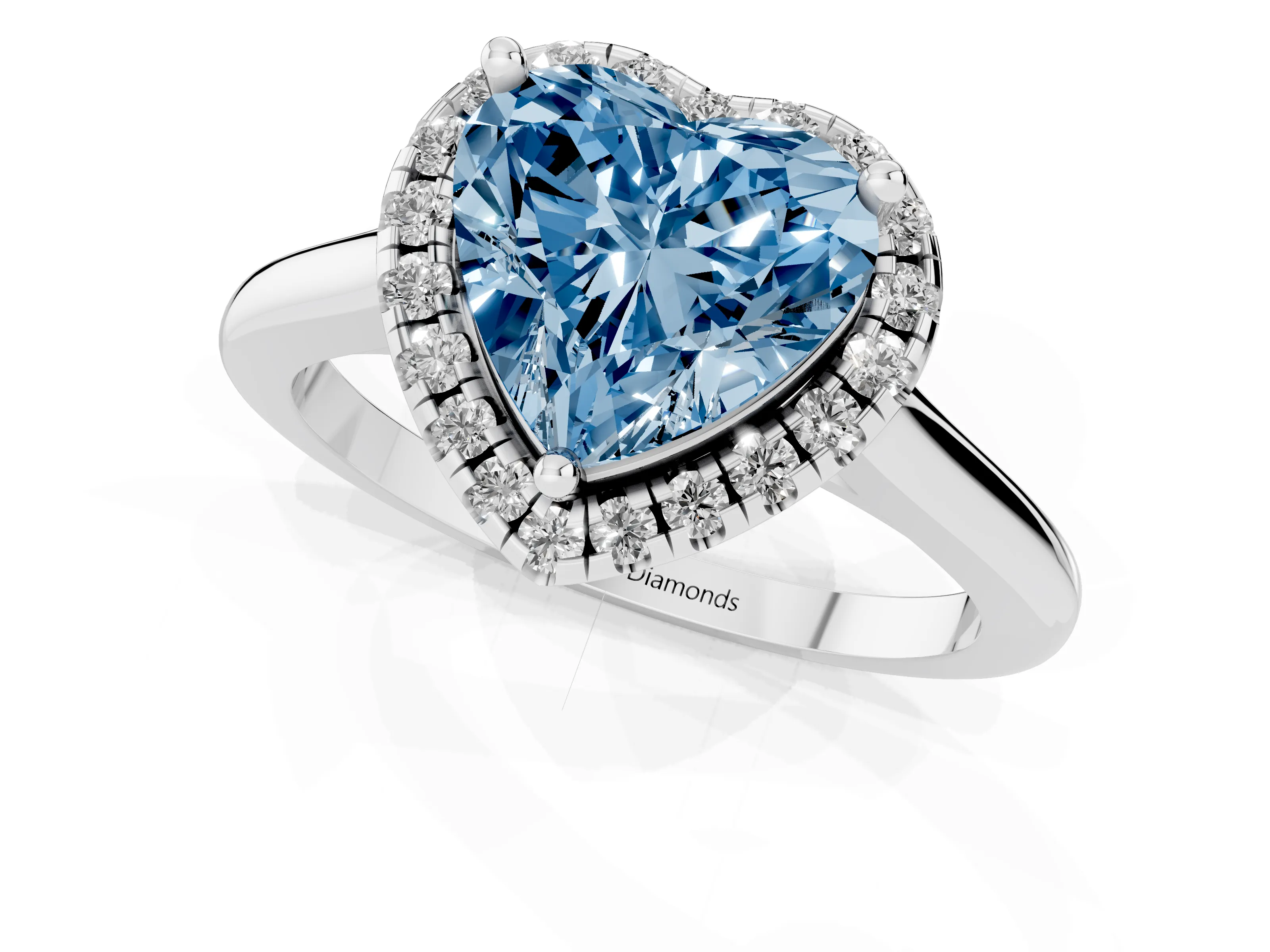 Fancy Blue Heart Cut Diamond Halo Engagement Ring Set in Platinum with Pavé Band and Rising Shoulders