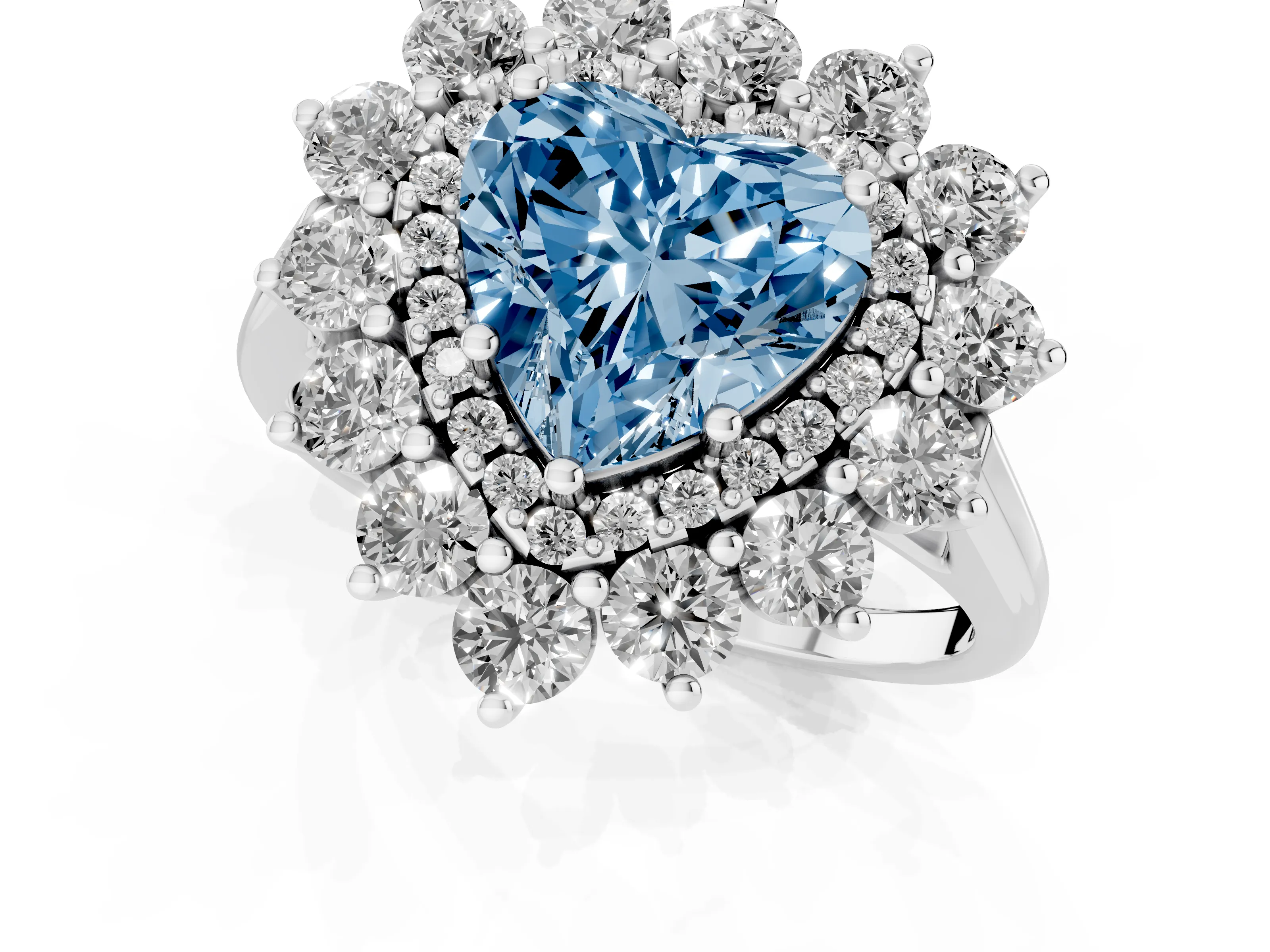 Fancy Blue Heart Cut Diamond Floral Double Halo Ring Set in Platinum with Round Petals