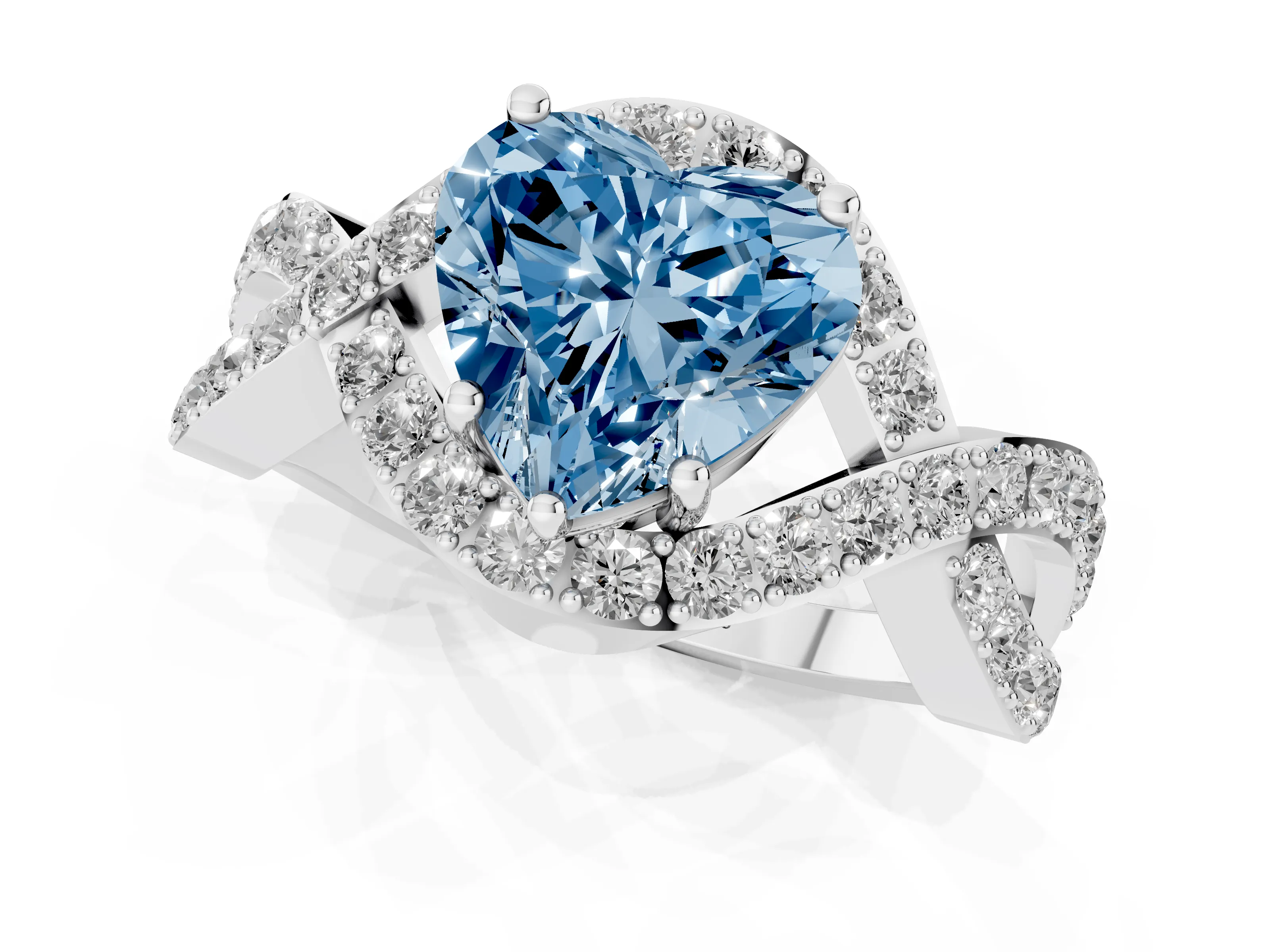 Fancy Blue Heart Cut Diamond Solitaire Twist Band Pavé Engagement Ring Set in Platinum
