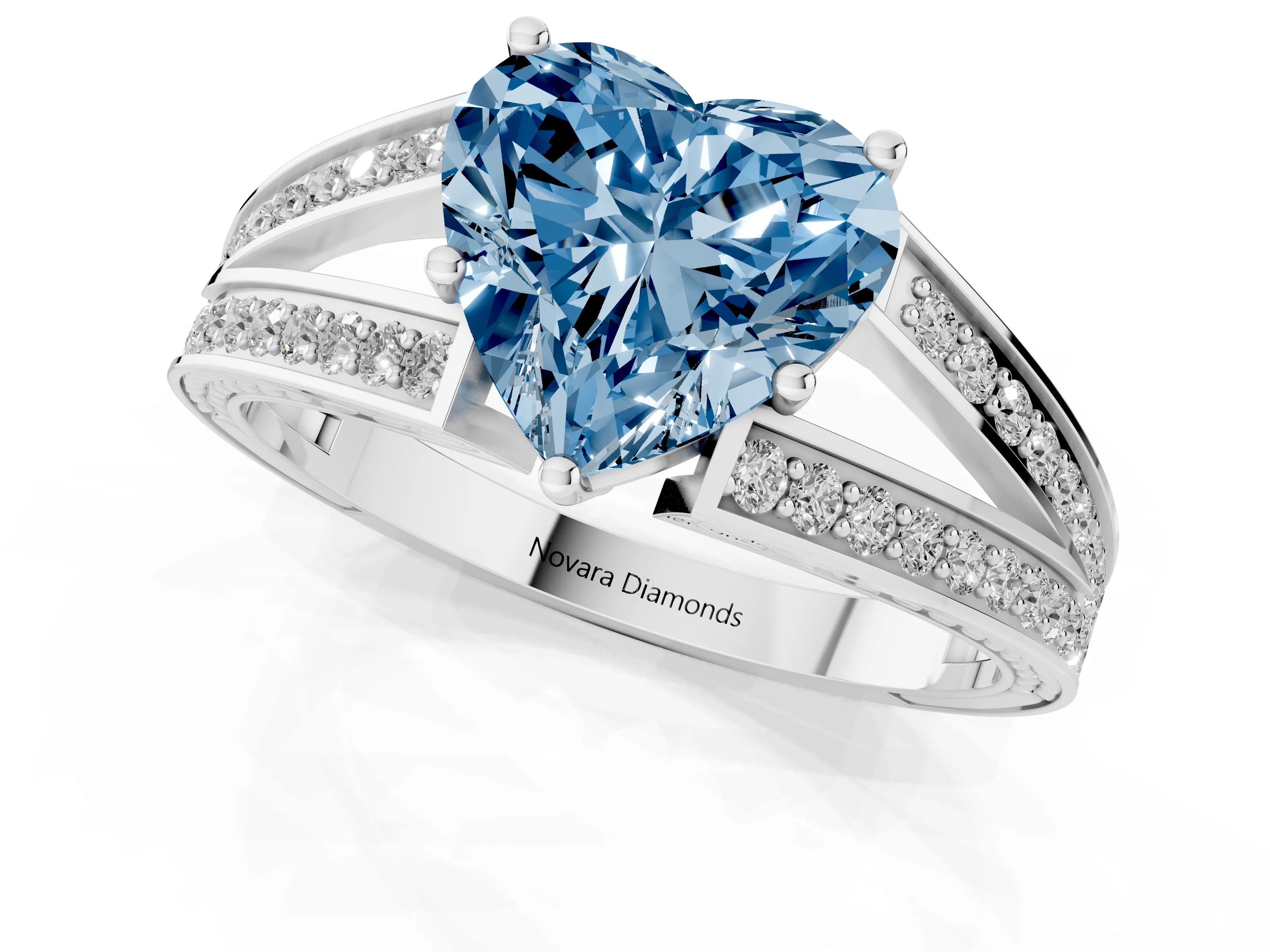 Fancy Blue Heart Cut Diamond Split Shank Ring Set in Platinum with Pavé Band and Prong Setting