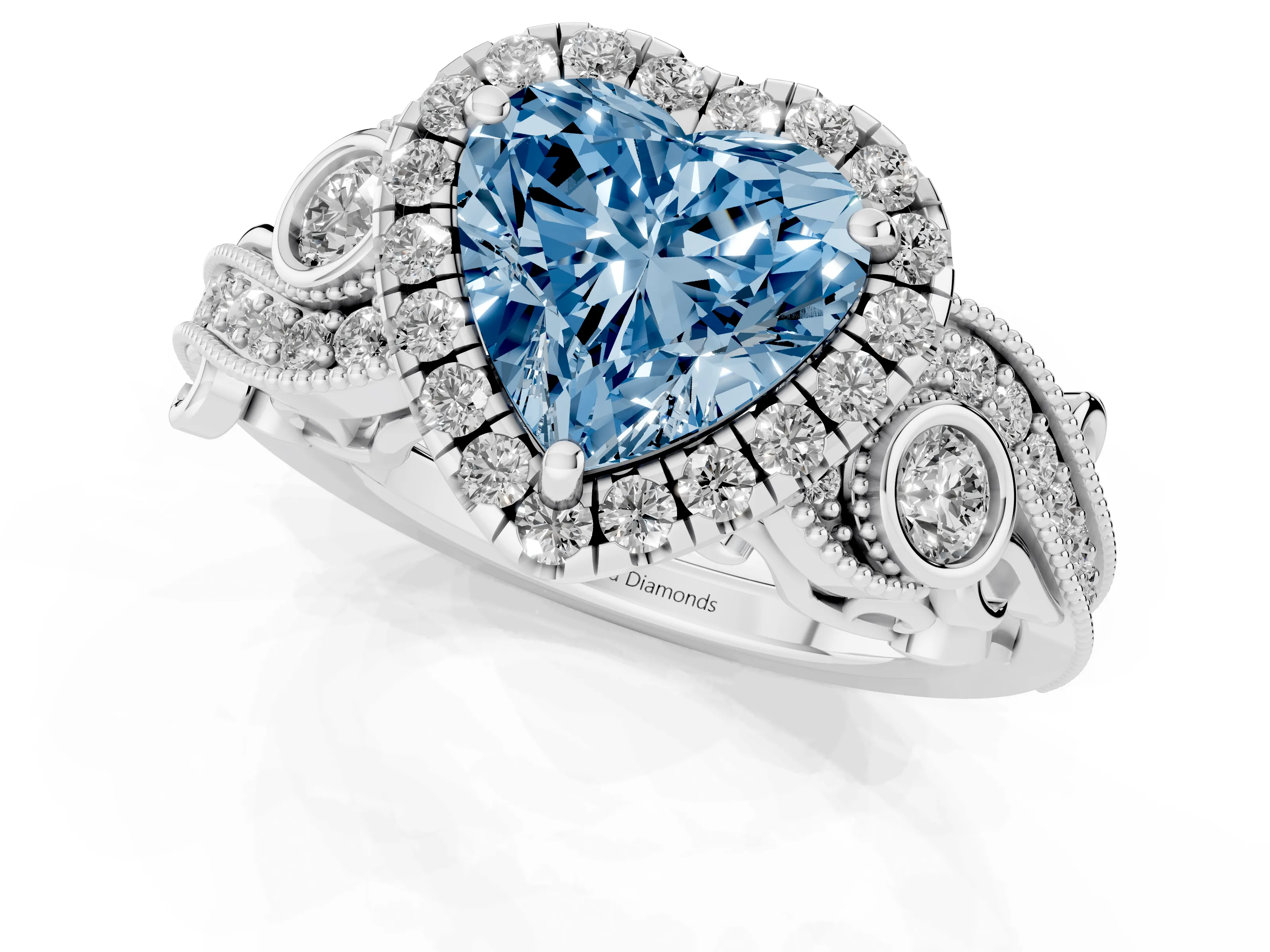 Fancy Blue Heart Cut Diamond Halo Ring Set in White gold with Milgrain Pavé Band and Prong Setting