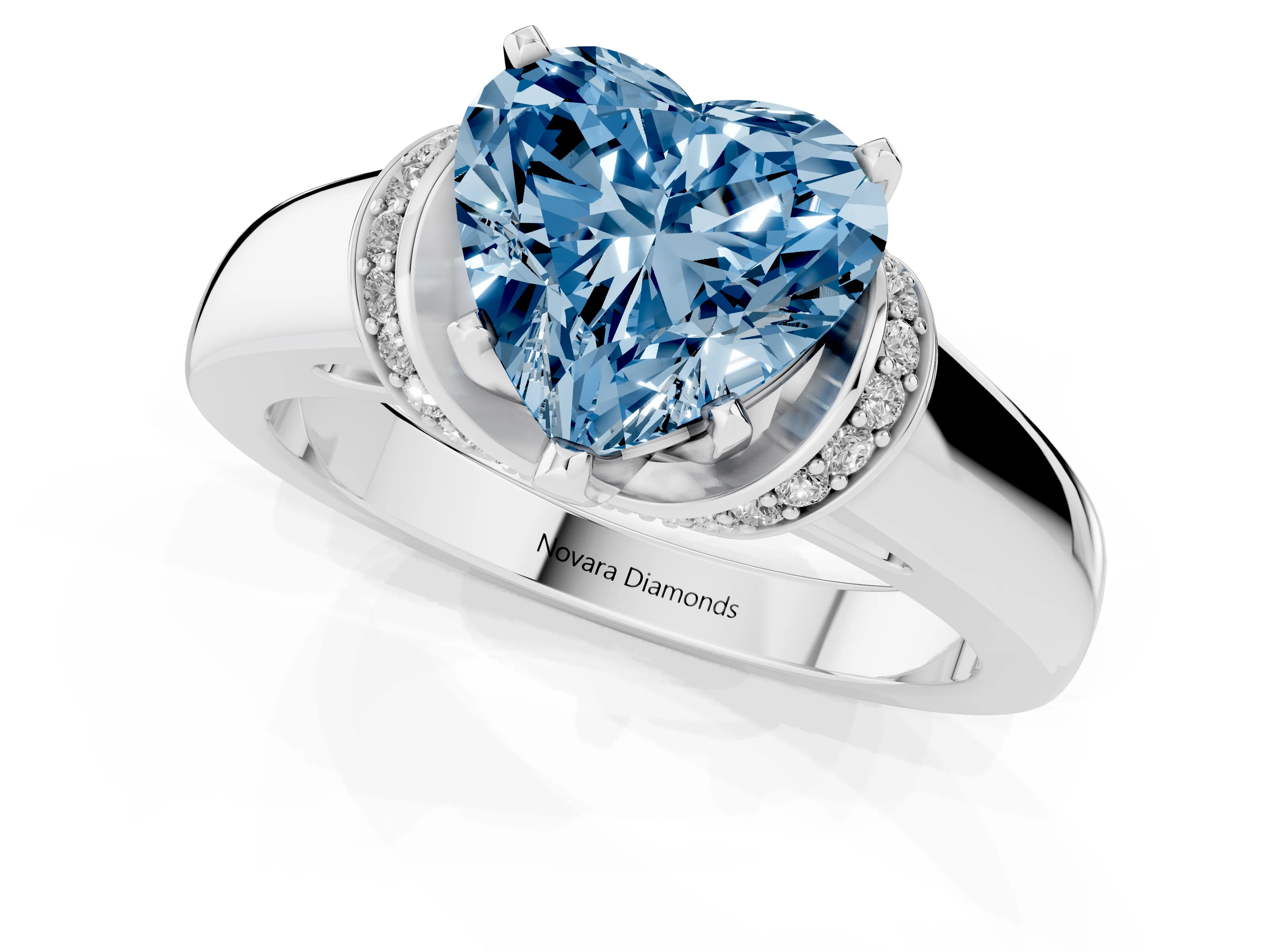 Fancy Blue Heart Cut Diamond Pavé Band Solitaire Ring Set in Platinum with Prong Setting