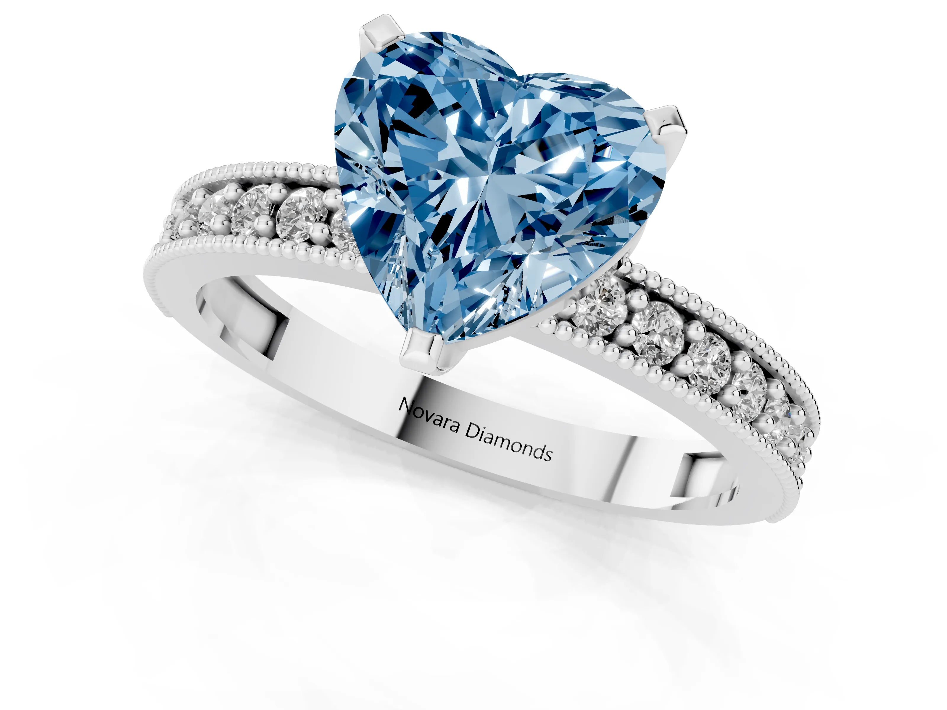Fancy Blue Heart Cut Diamond Milgrain Pavé Engagement Ring Set in White gold with Prong Setting – second view