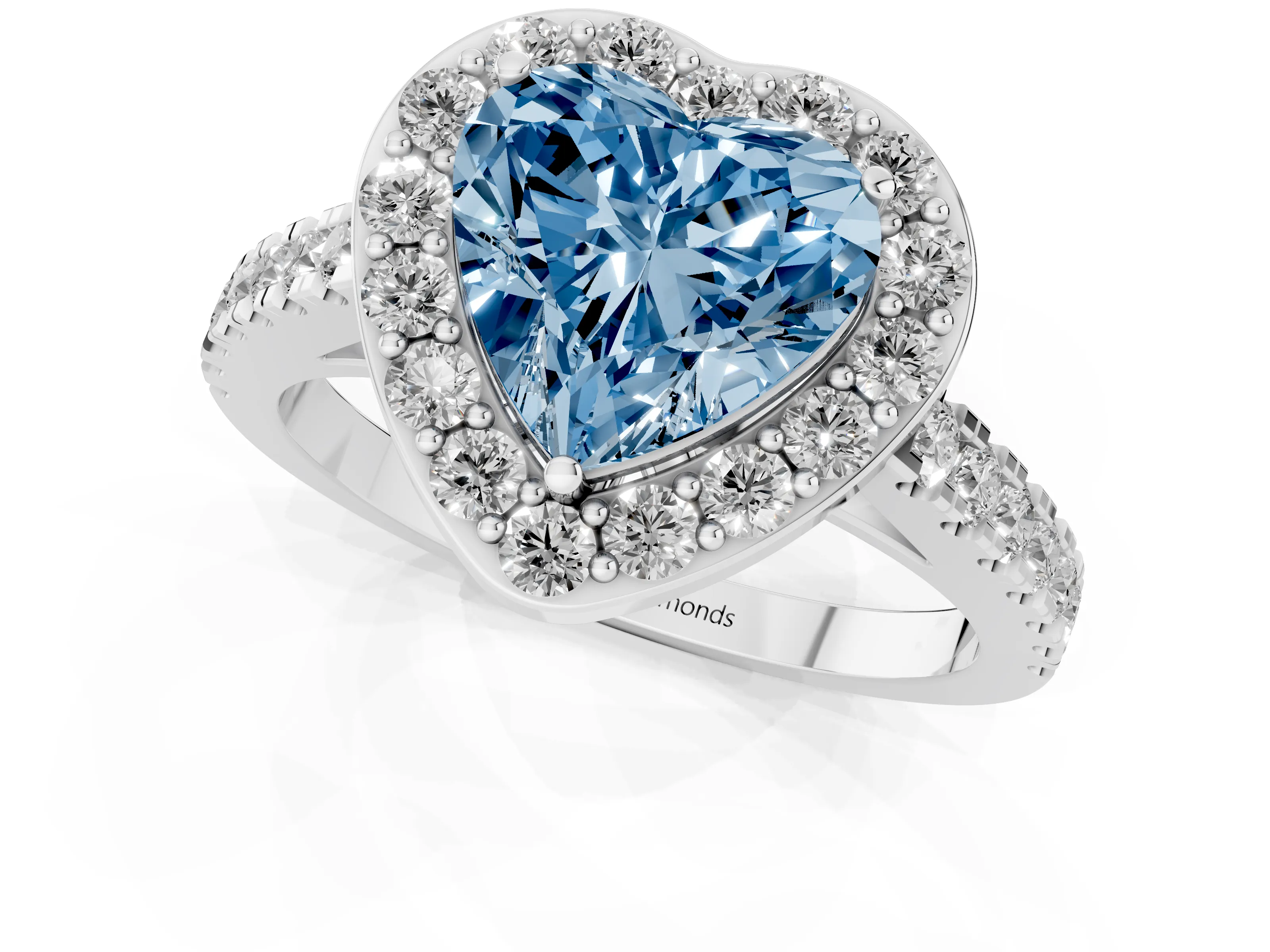 Fancy Blue Heart Cut Diamond Halo Ring Set in Silver with Round Pavé Split Shank and Prong Setting
