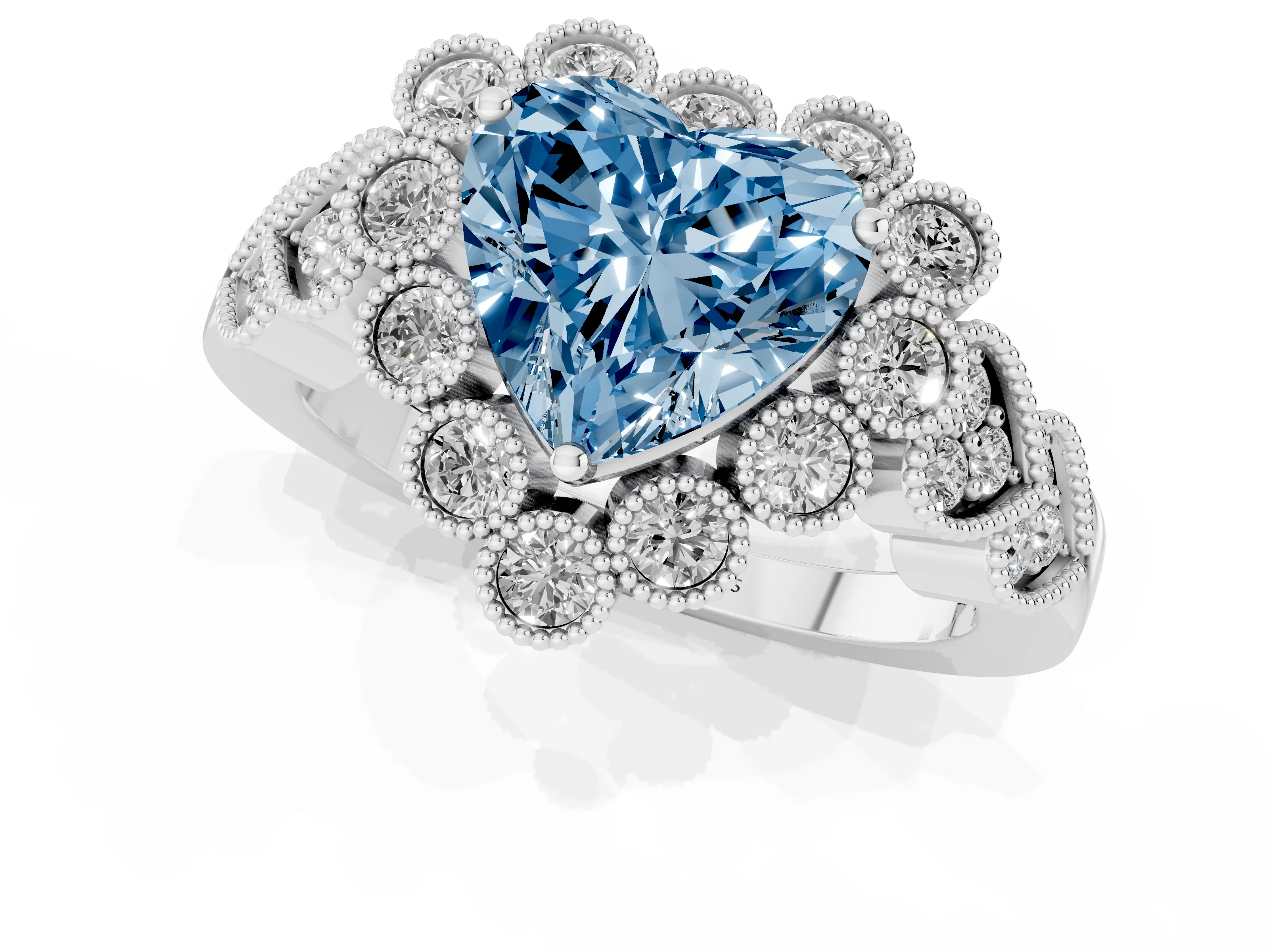 Fancy Blue Heart Cut Diamond Solitaire Ring Set in Platinum with Milgrain Pavé Heart Band