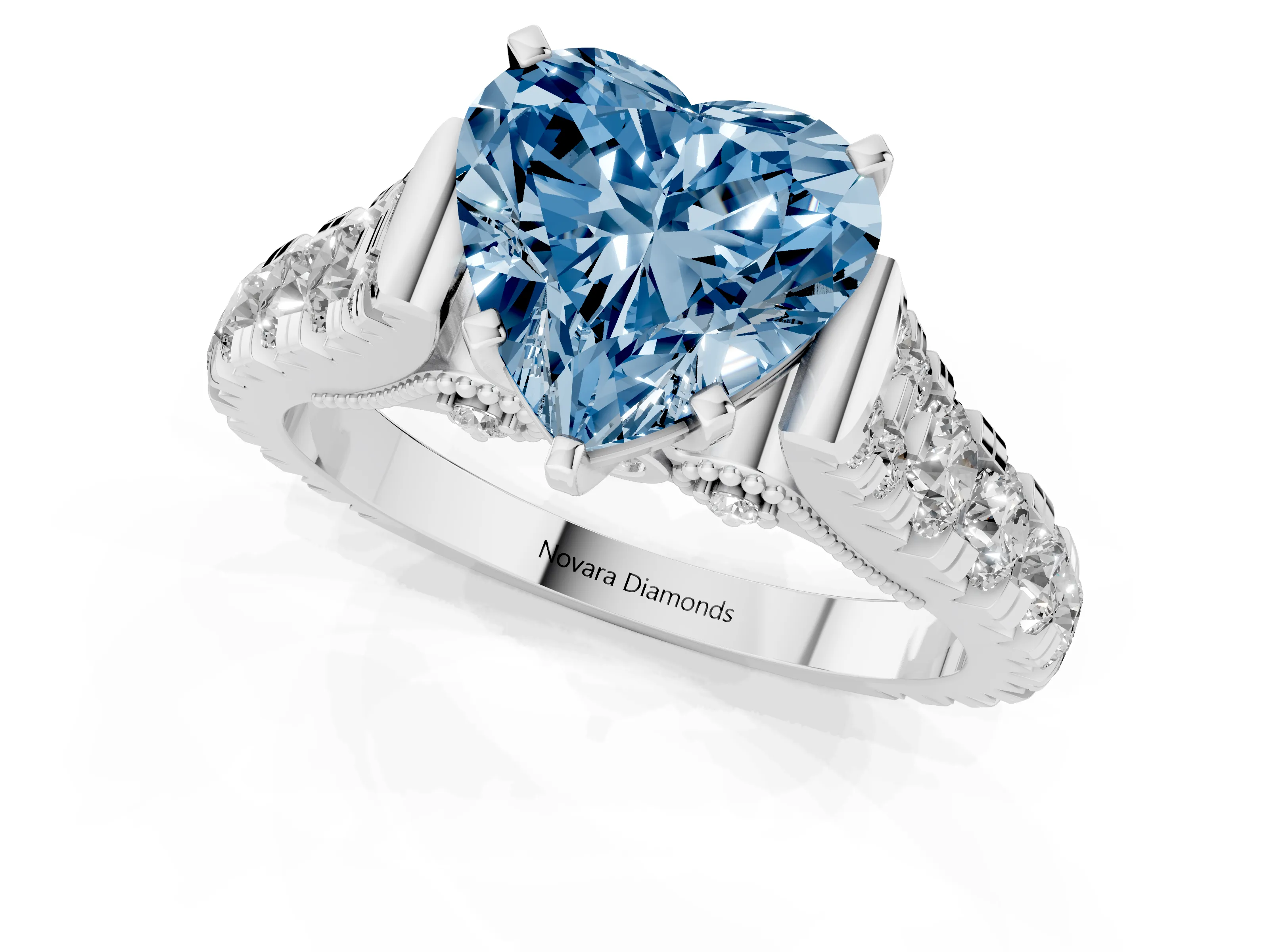 Fancy Blue Heart Cut Diamond Classic Solitaire Ring Set in White gold with Pavé Band and Prong Setting