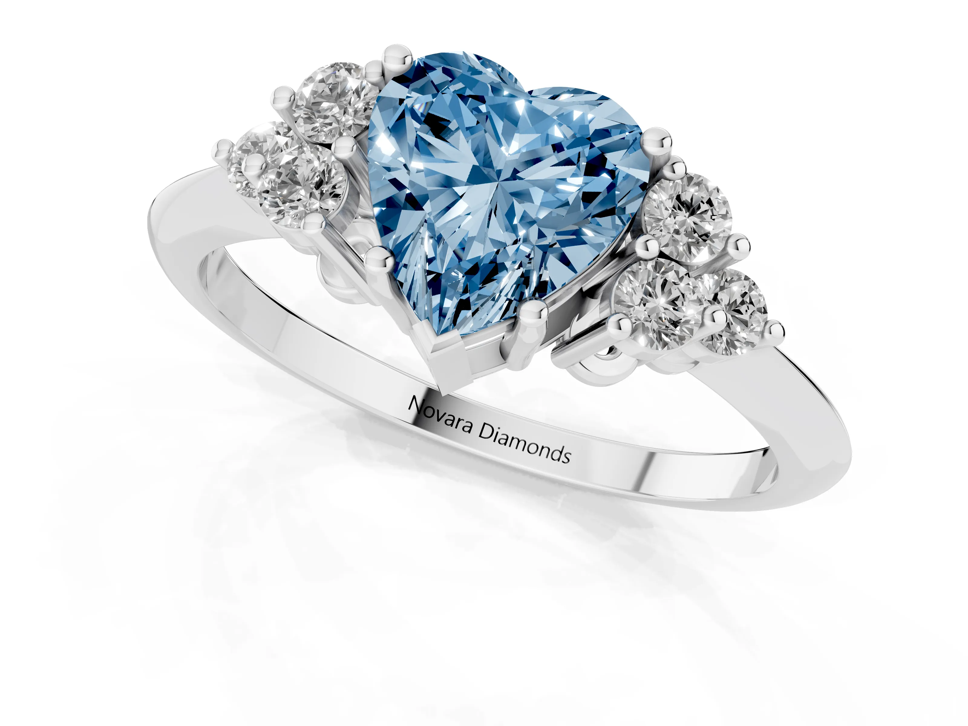 Fancy Blue Heart Cut Diamond Cluster Ring Set in Silver with Plain Band and Prong Setting