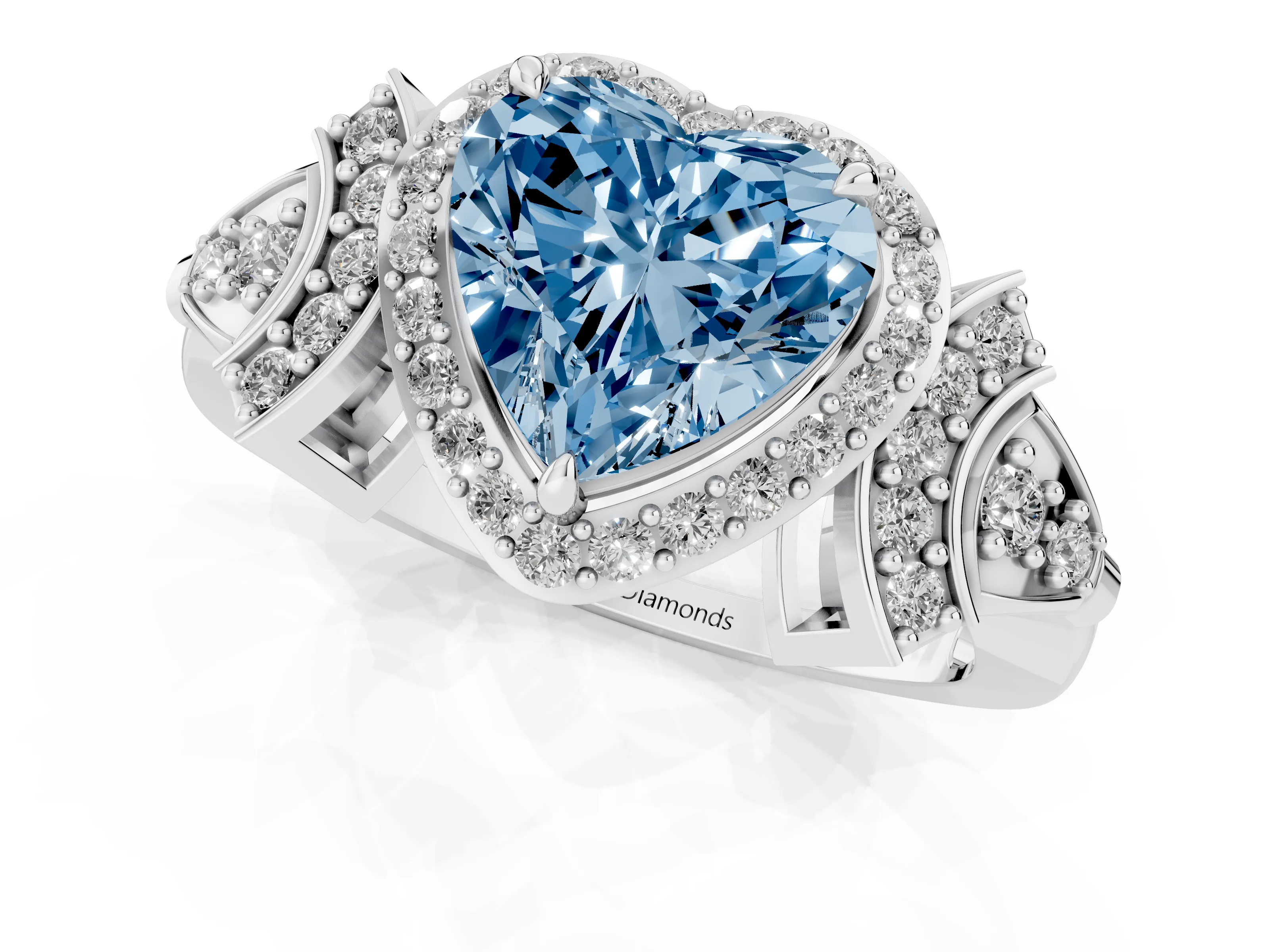 Fancy Blue Heart Cut Diamond Halo Engagement Ring Set in Silver with Accent Stone Split Shank
