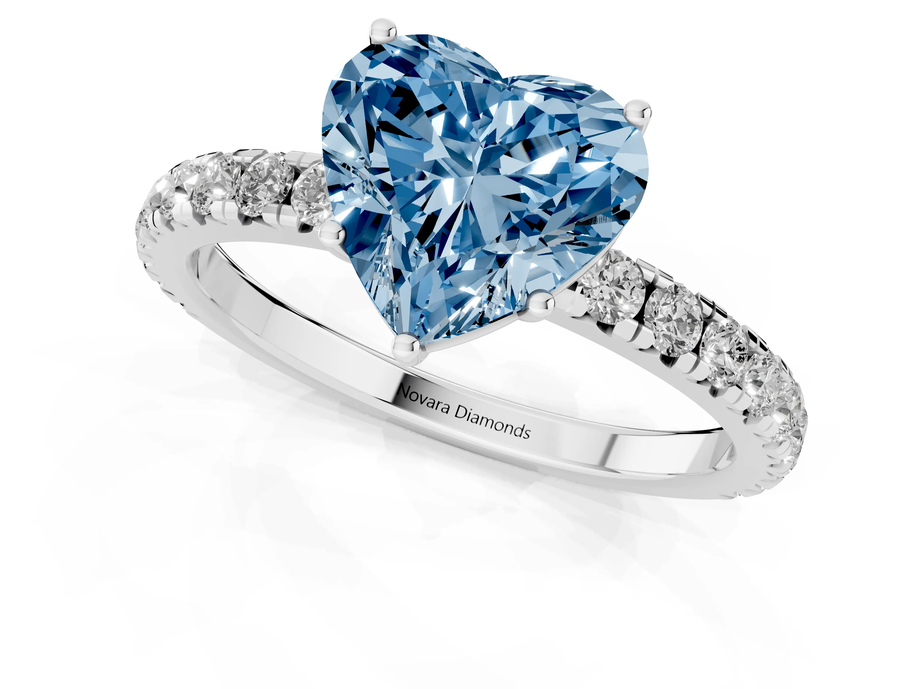 Fancy Blue Heart Cut Diamond Pavé Solitaire Engagement Ring Set in Platinum with Prong Setting