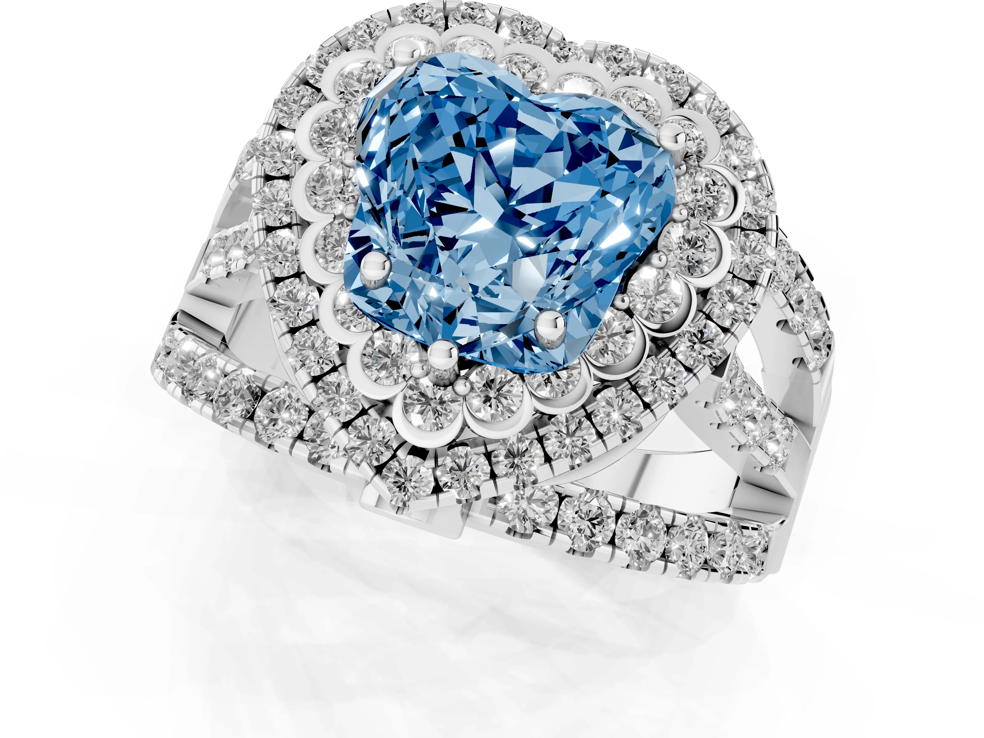 Fancy Blue Heart Cut Diamond Double Halo Ring Set in Silver with Round Pavé Split Shank