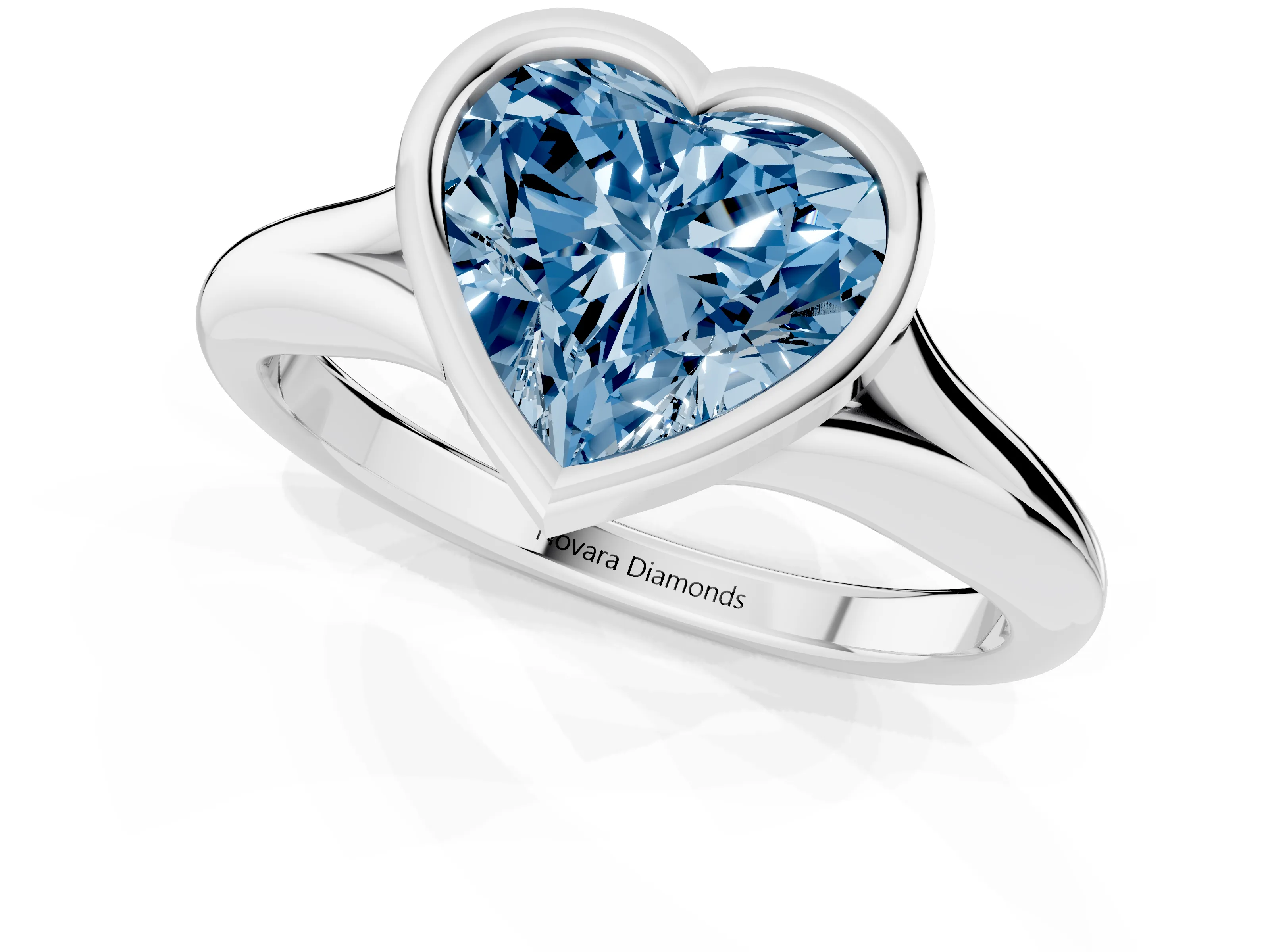 Fancy Blue Bezel Set Heart Cut Diamond Solitaire Ring Set in White gold with Smooth Band