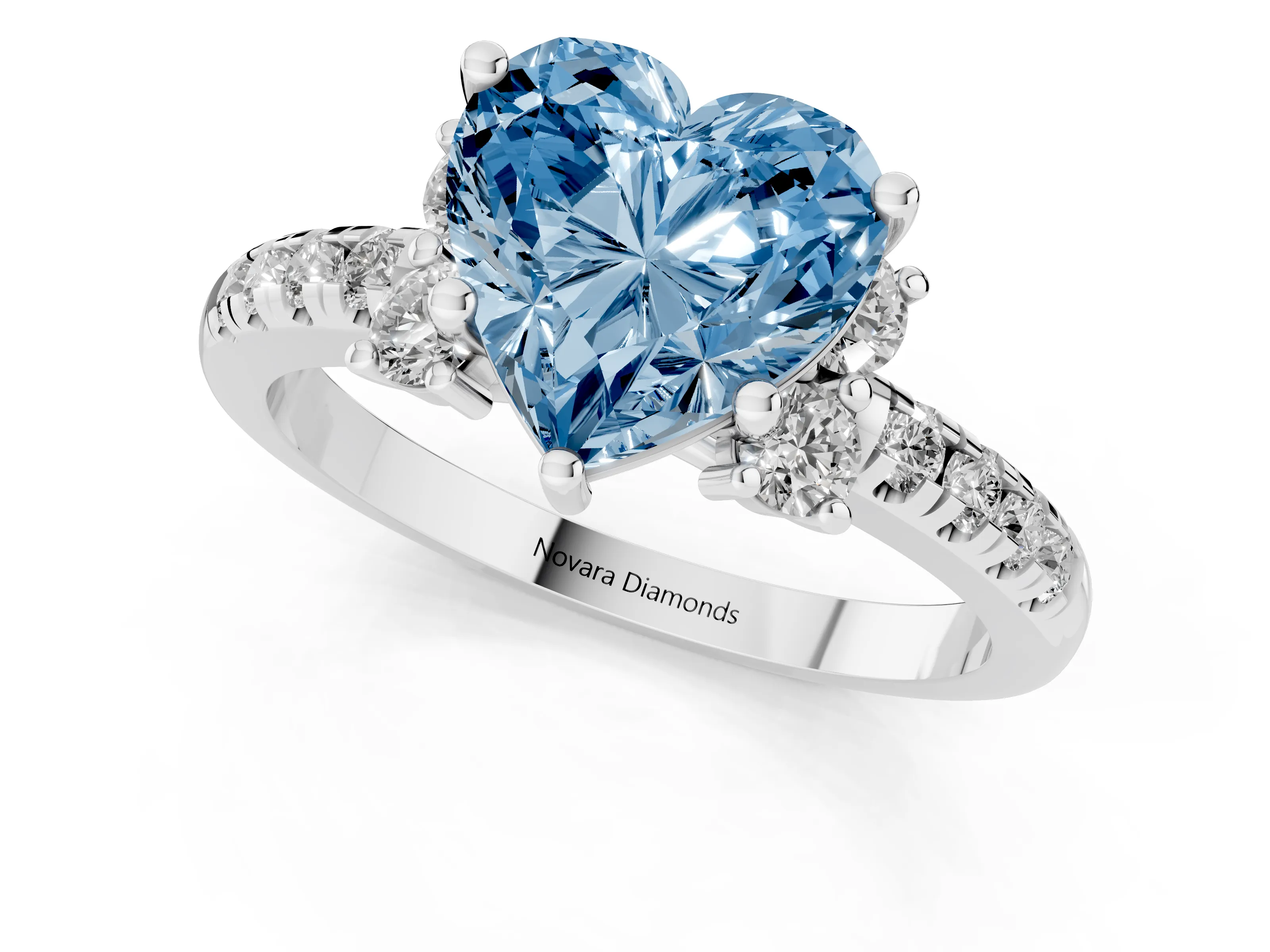 Fancy Blue Heart Cut Diamond Three-Stone Pavé Ring Set in Silver with Prong Setting
