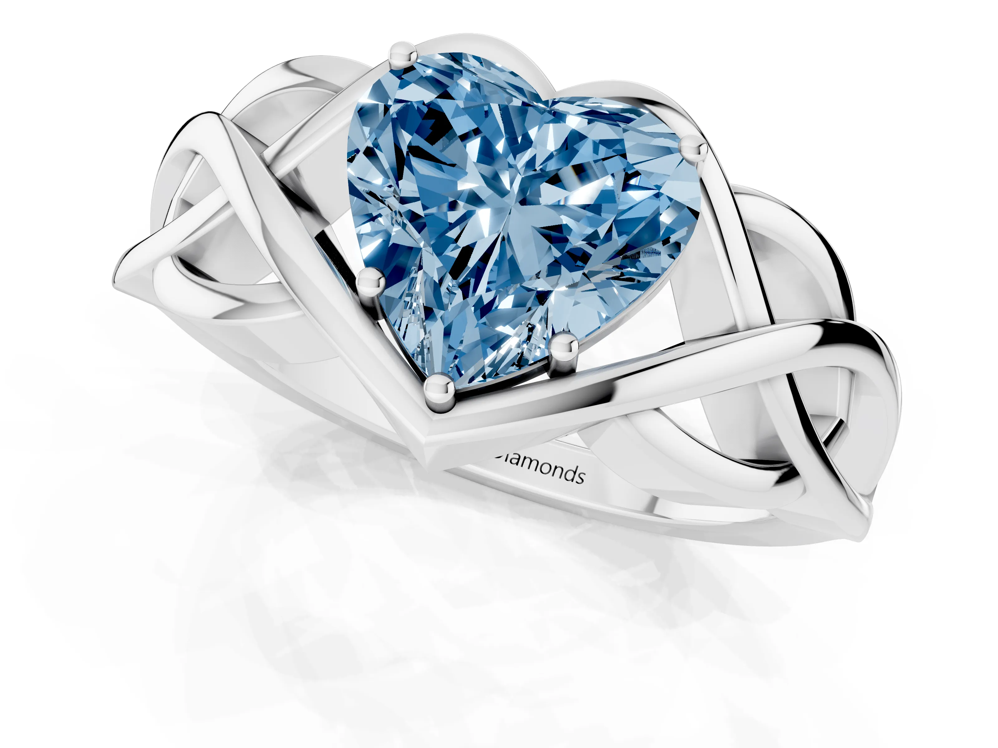 Fancy Blue Heart Cut Diamond Solitaire Ring Set in Silver with Intertwined Band